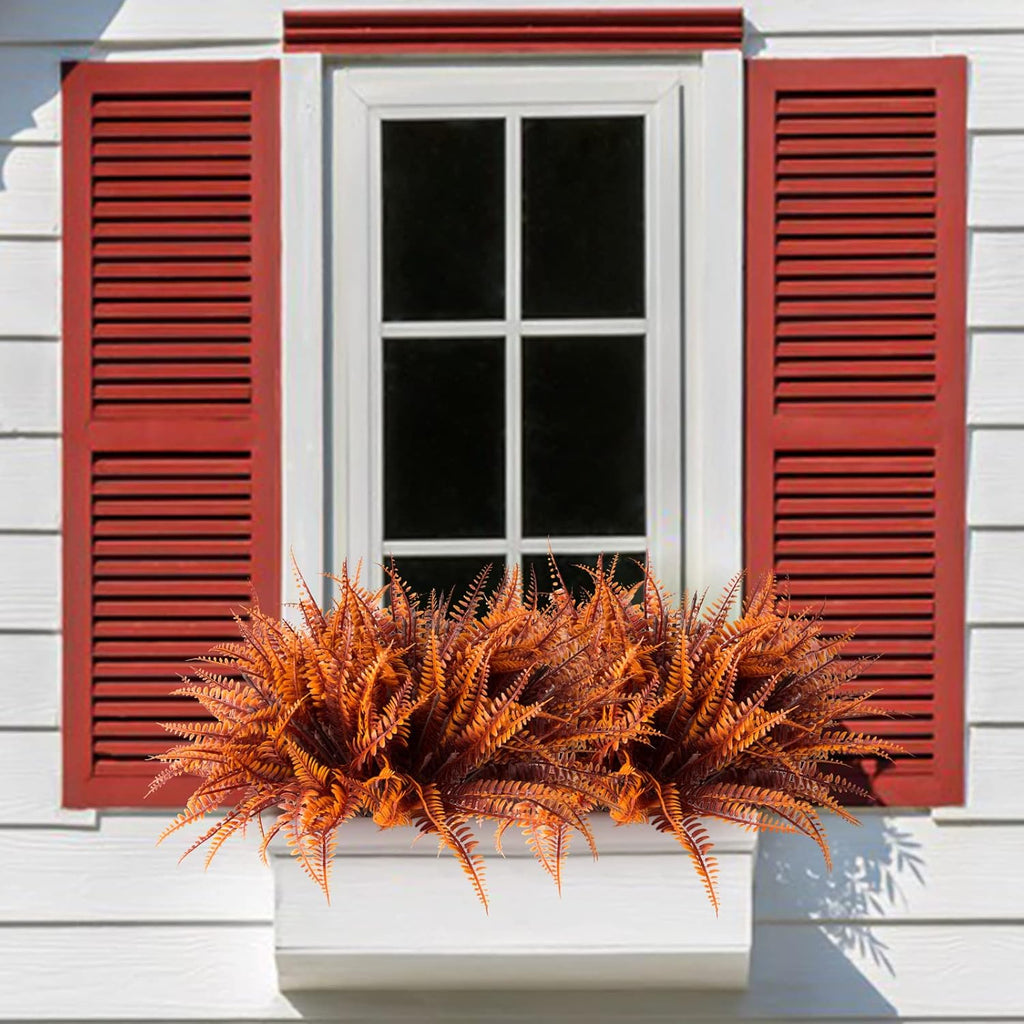 12 Bundles Artificial Fall Plants, Fake Boston Fern Greenery Outdoor UV Resistant No Fade Faux Plastic Plants Garden Porch Window Box Decorating（Fall Boston Fern