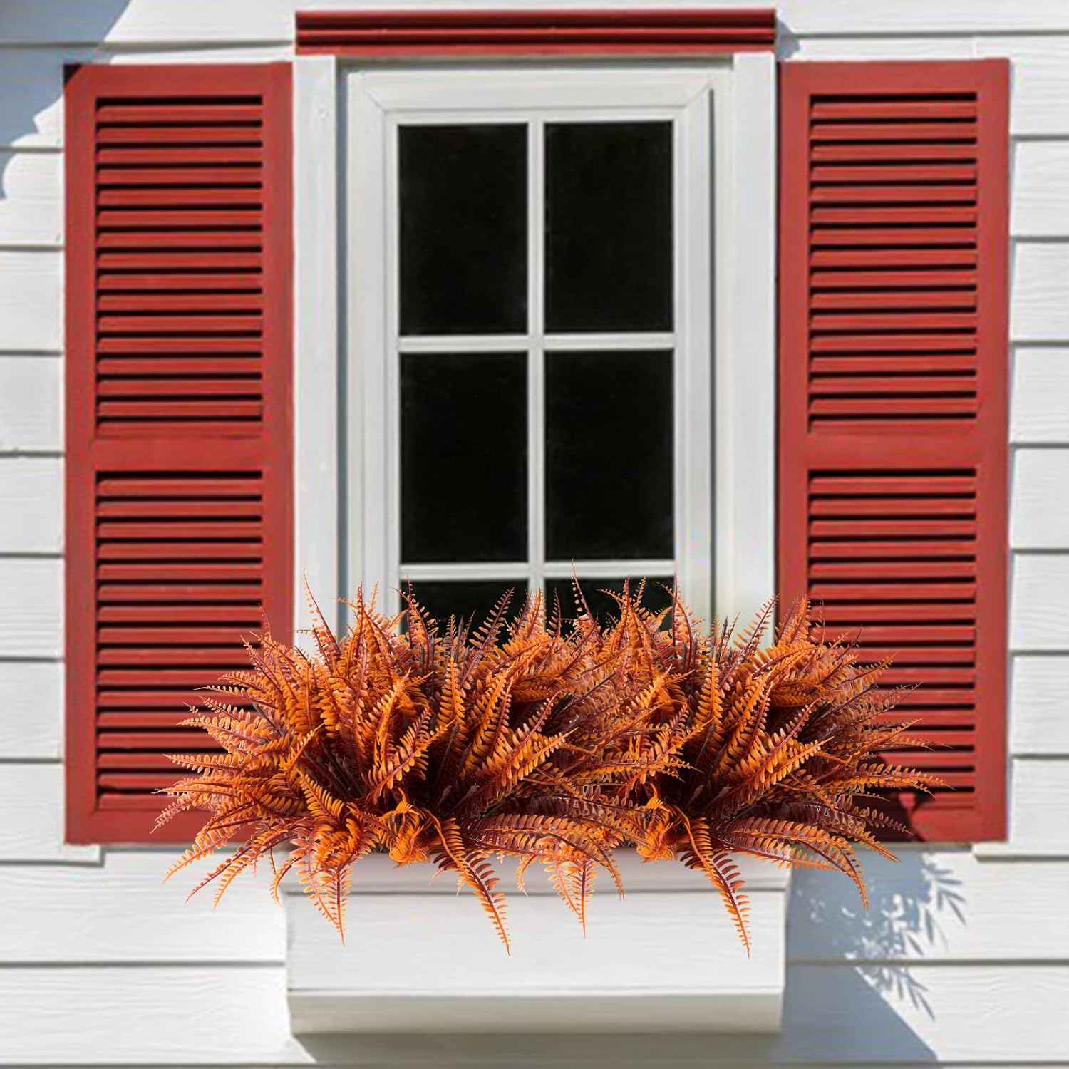 12 Bundles Artificial Fall Plants, Fake Boston Fern Greenery Outdoor UV Resistant No Fade Faux Plastic Plants Garden Porch Window Box Decorating（Fall Boston Fern