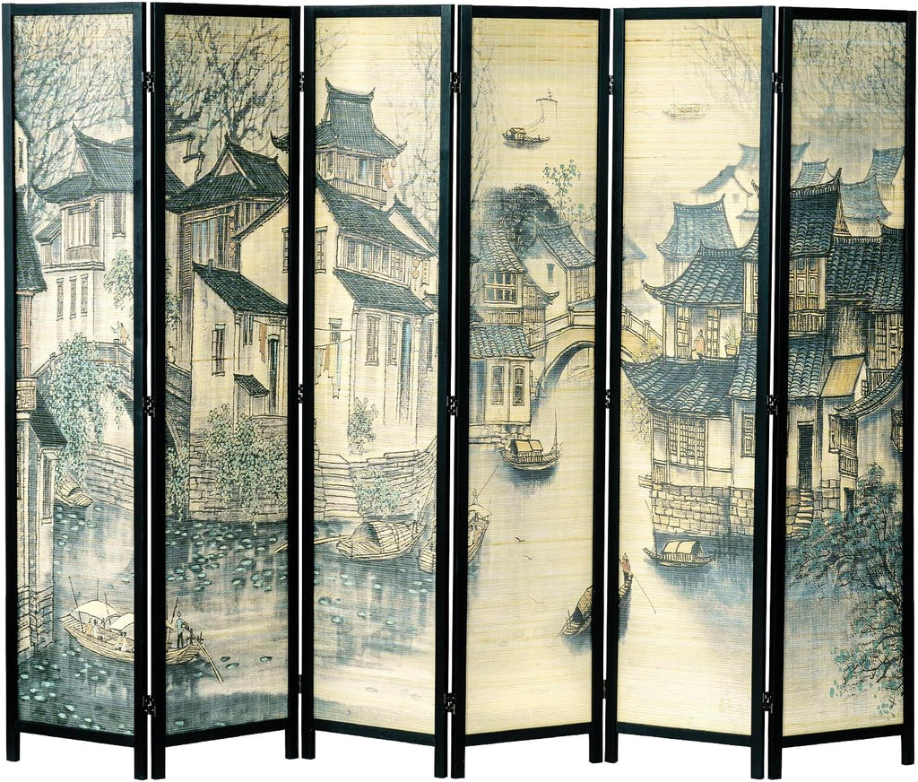 MyGift 6 Panel Room Divider Privacy Partition with Dual-Sided Vintage Asian Water Village Ink Brushed Print Design, 6FT Black Wood Framed Decorative Artwork Folding Screen 94.6''W x 68.9''H