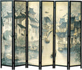 MyGift 6 Panel Room Divider Privacy Partition with Dual-Sided Vintage Asian Water Village Ink Brushed Print Design, 6FT Black Wood Framed Decorative Artwork Folding Screen 94.6''W x 68.9''H