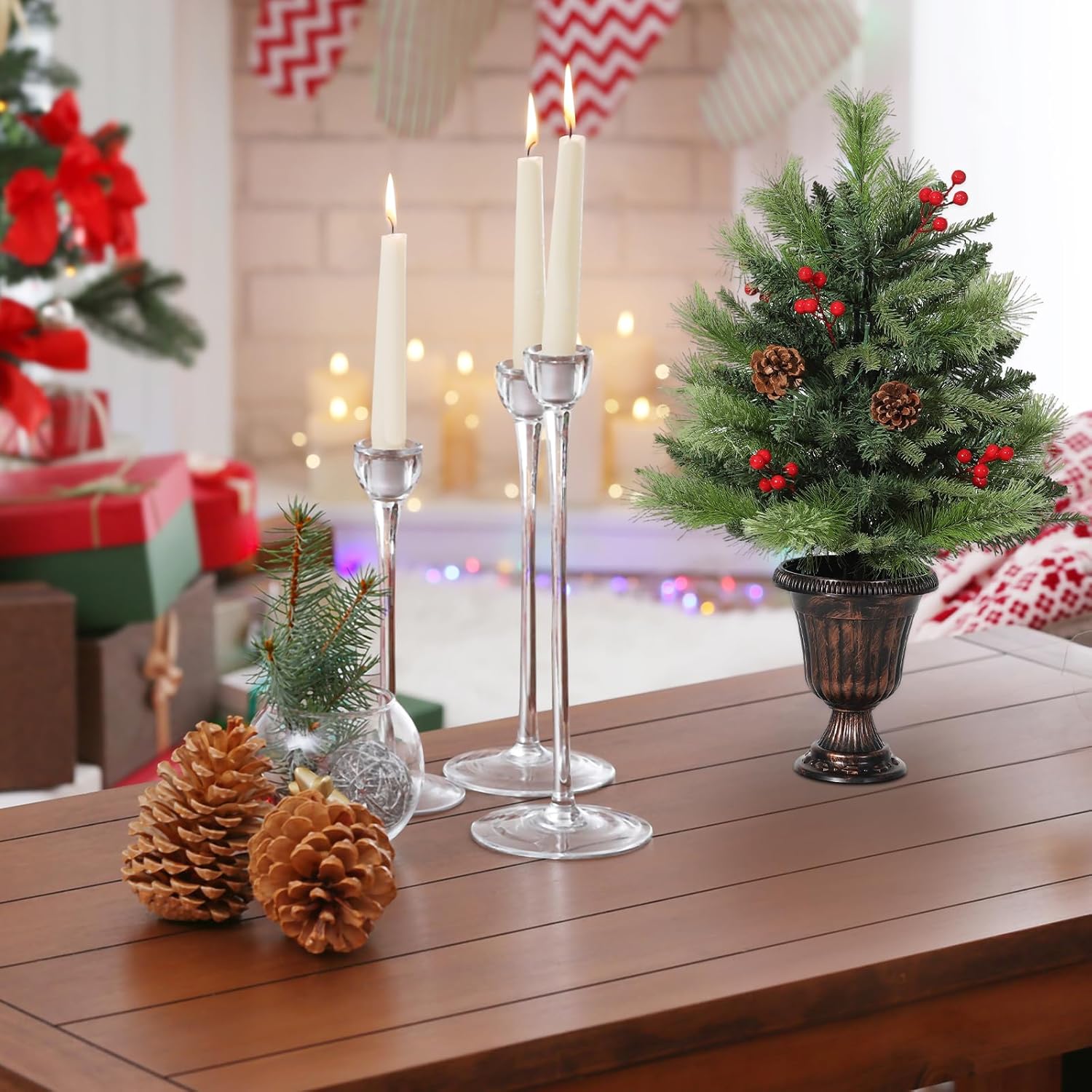 Garvee 2 Ft Pre-Lit Tabletop Christmas Tree, Small Christmas Tree, Artificial Mini Xmas Tree with Pine Cones & Red Berries for Home Office Holiday Decor