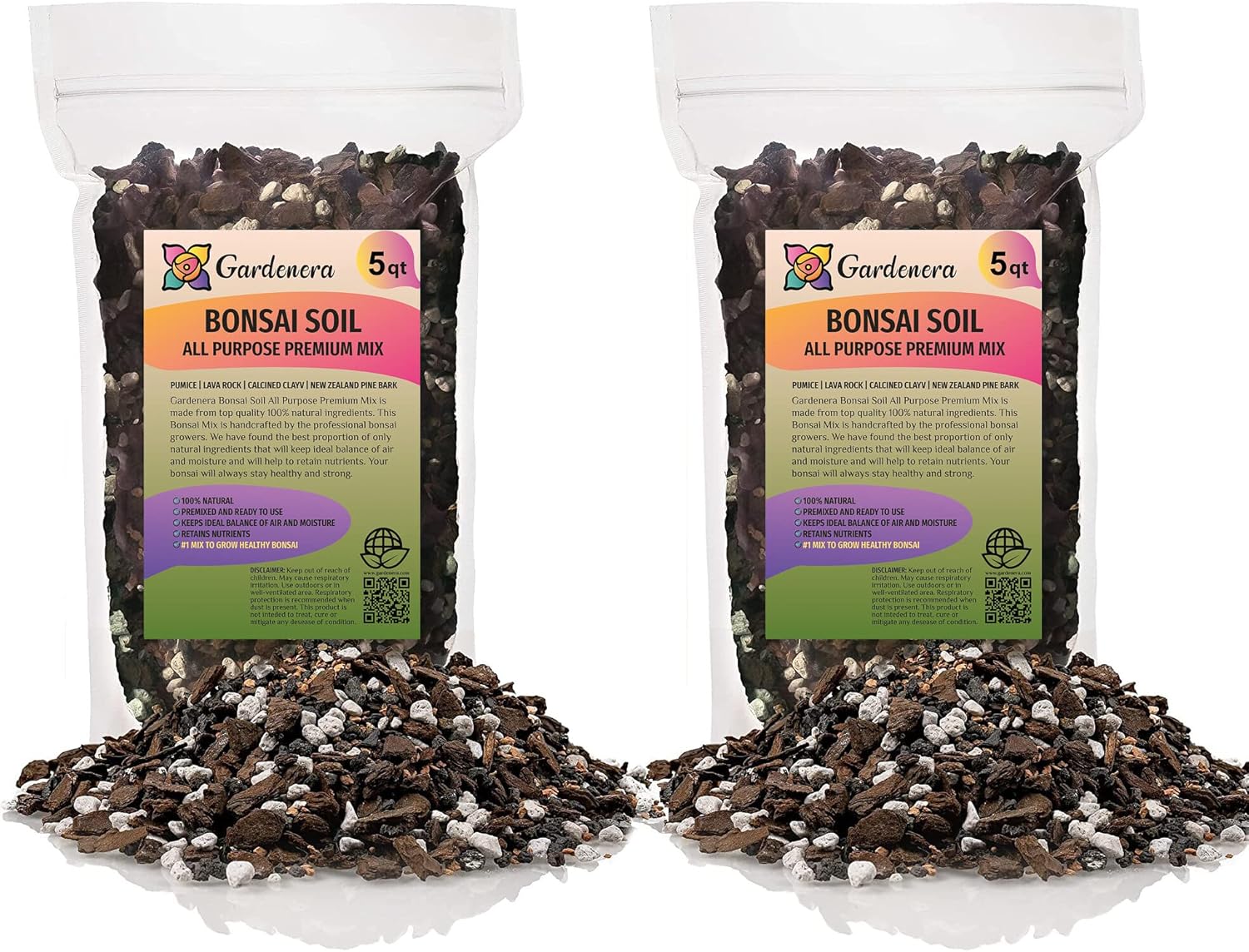Premium Bonsai Soil All Purpose Fast Draining Mix - 10 Quart - Pumice, Lava, Calcined Clay and Pine Bark Potting Pre Mixed Bonsai Plant Soil Mixture by GARDENERA - Made in USA - (2 Bags of 5QT)