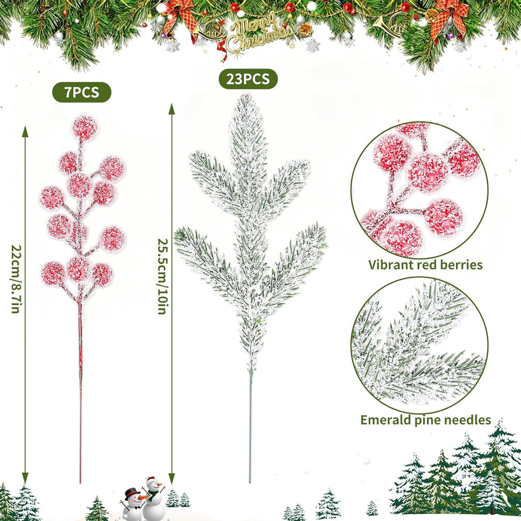 YIYA 30PCS Artificial Christmas Snow Frosted Berries Christmas Snowy Pine Needles Artificial Christmas Flowers for Home Decor Winter Wedding Decor Holiday DIY Crafts