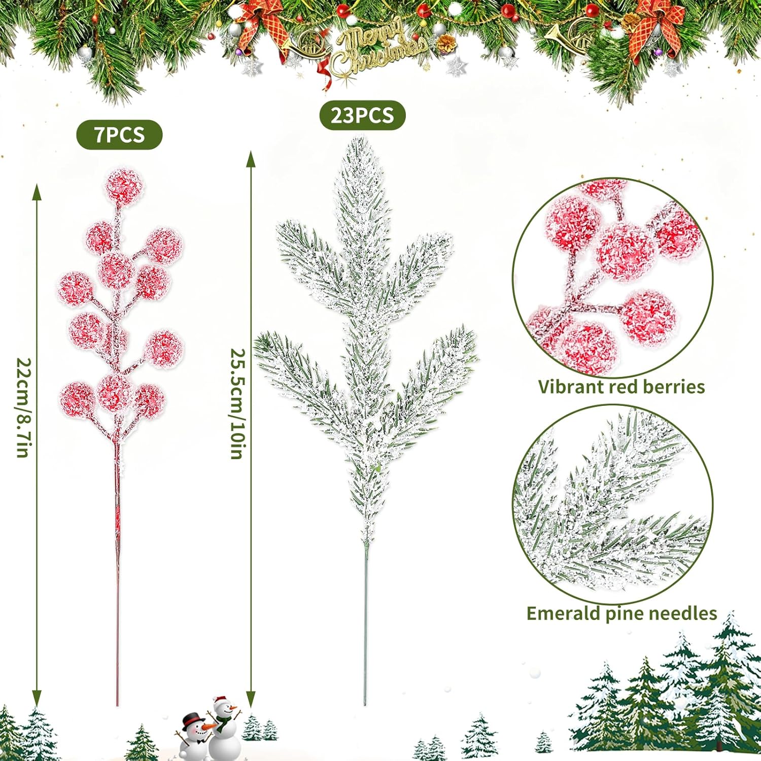 YIYA 30PCS Artificial Christmas Snow Frosted Berries Christmas Snowy Pine Needles Artificial Christmas Flowers for Home Decor Winter Wedding Decor Holiday DIY Crafts