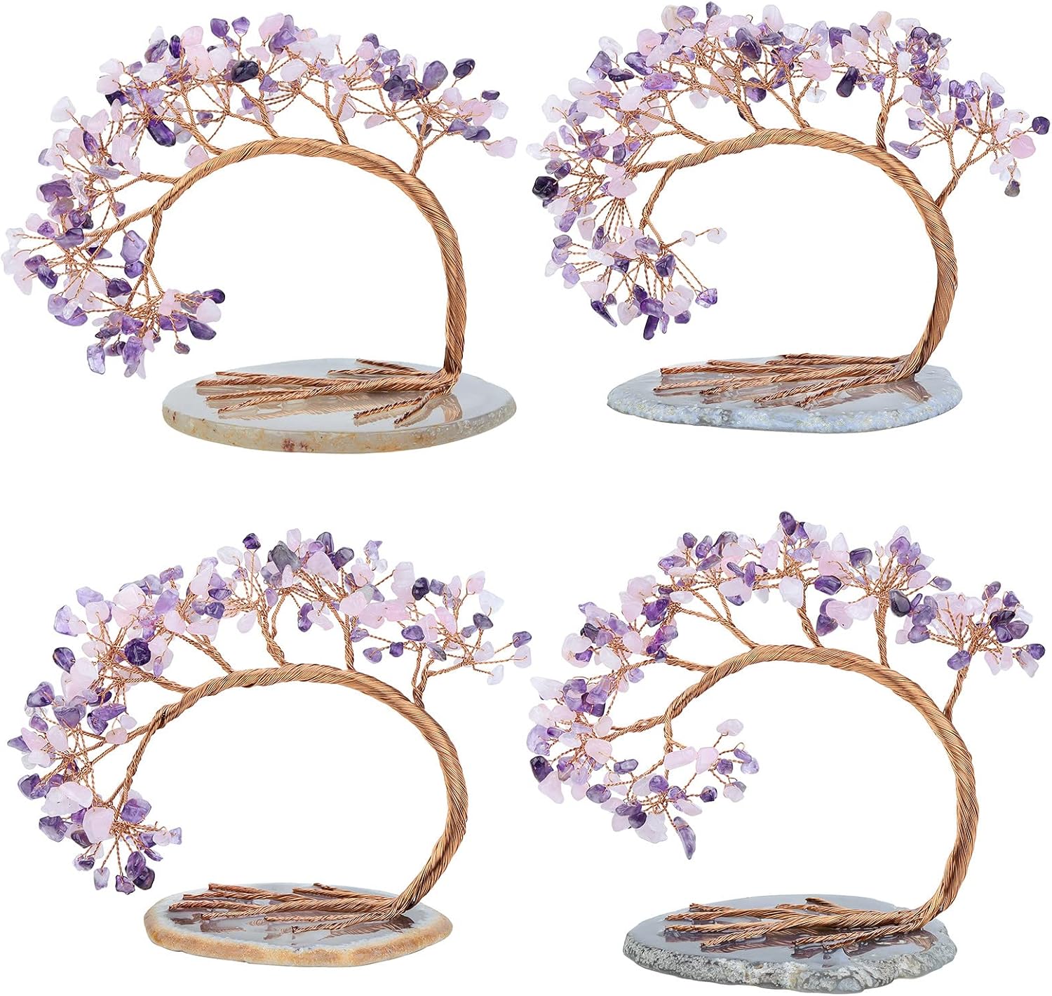 mookaitedecor Natural Amethyst & Rose Quartz Crystal Money Tree Agate Slice Base Feng Shui Bonsai Crystal Tree for Wealth Luck Desk Decor, 4.5-5.2 Inch High