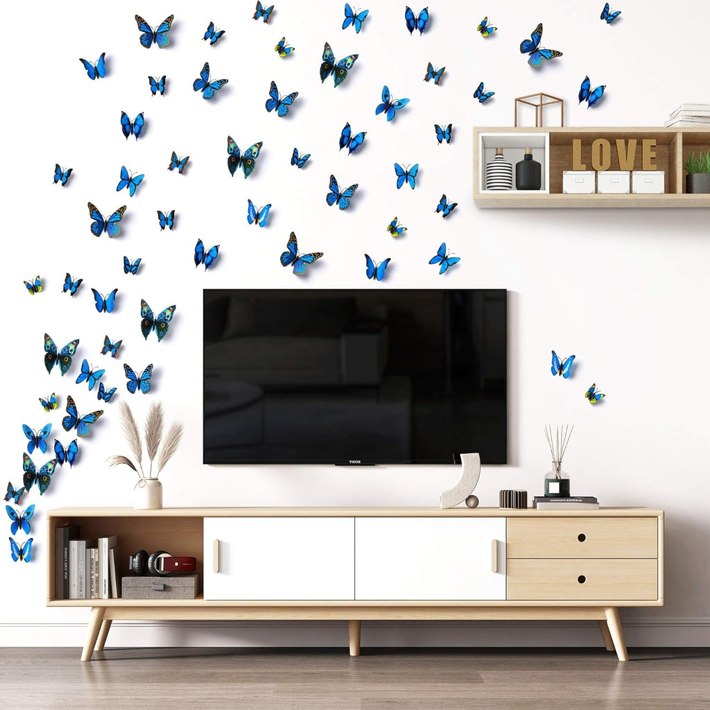 LiveGallery 72 PCS Removable 3D DIY Beautiful Butterfly Wall Decals Blue Butterflies Art Decor Wall Stickers Murals for Kids Baby Boy Girls Bedroom Classroom Offices