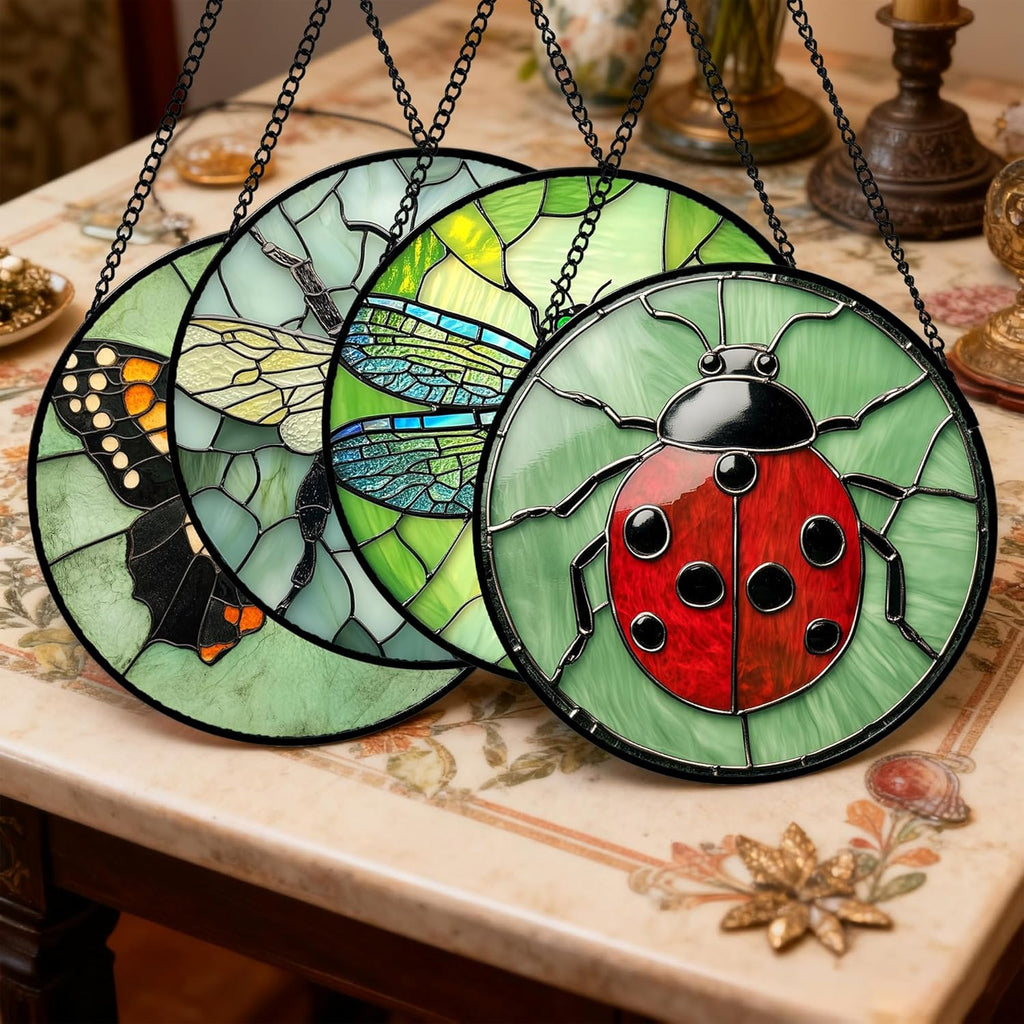 Stained Glass Window Hanging 4 Pcs Set Butterfly Dragonfly Bee Ladybug Large 11.8" - Suncatcher Door Garden Sun Catcher Decor Birthday Mother's Day for Mom Woman Nana Men