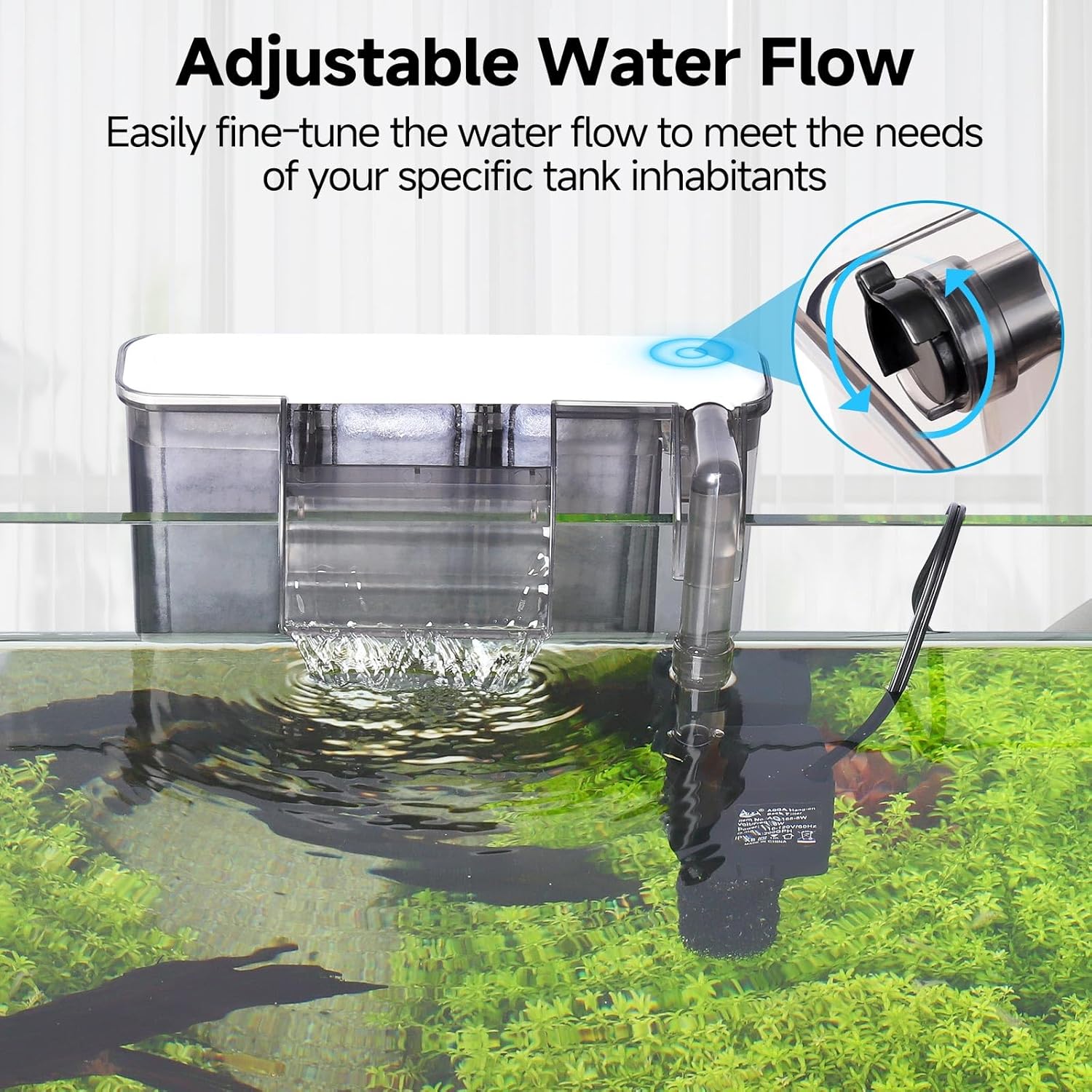 AQQA Quiet 20-30 Gallon Fish Tank Filters - Auto Start Hang on Back Aquarium Filter, 6W/ 8W Adjustable Flow, Deodorization Decontamination Filter System AQ168 (6W 158GPH)