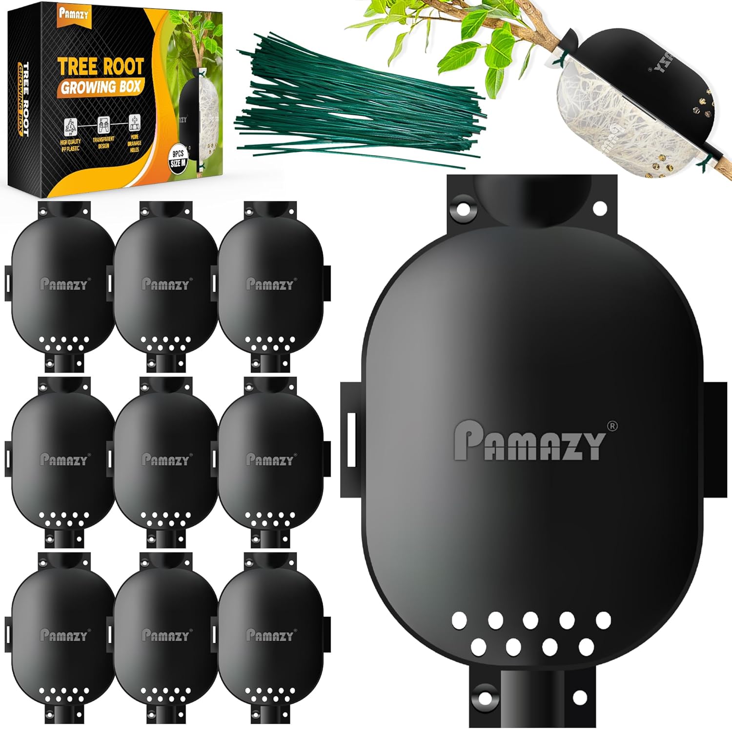 [Upgraded] 9Pcs Tree Root Growing Box with Drain Holes, Half Transparent Plant Rooting Propagation Ball & Metal Core Twist Ties, for Fast Propagation Plants (Size M)