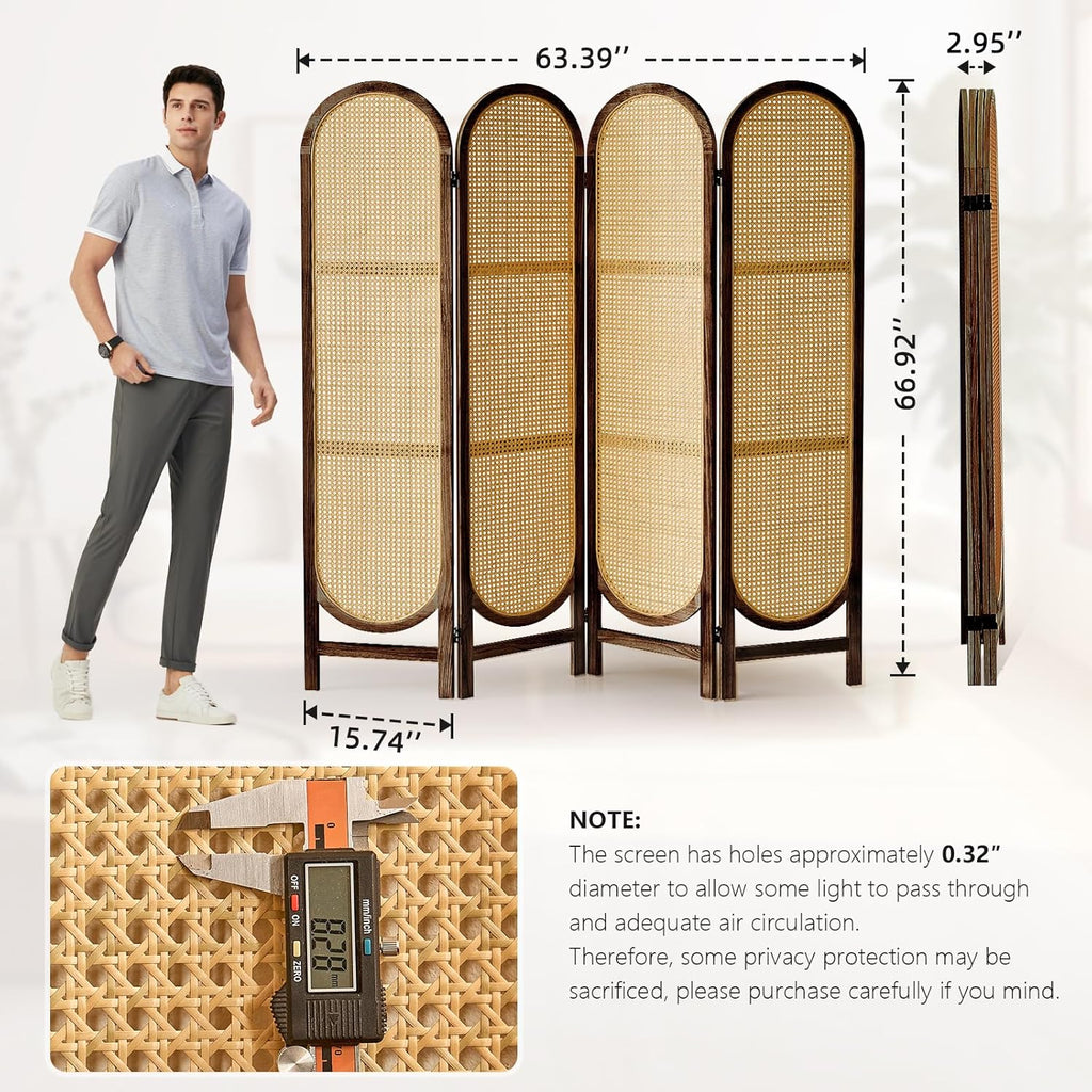 5.6 Ft Room Divider 4 Panel, Folding Privacy Screen, Rattan Room Divider, Foldable Wood Divider Panel, Portable Partition Screen, Wall Divider for Room Separation Home Office Garden-Brown