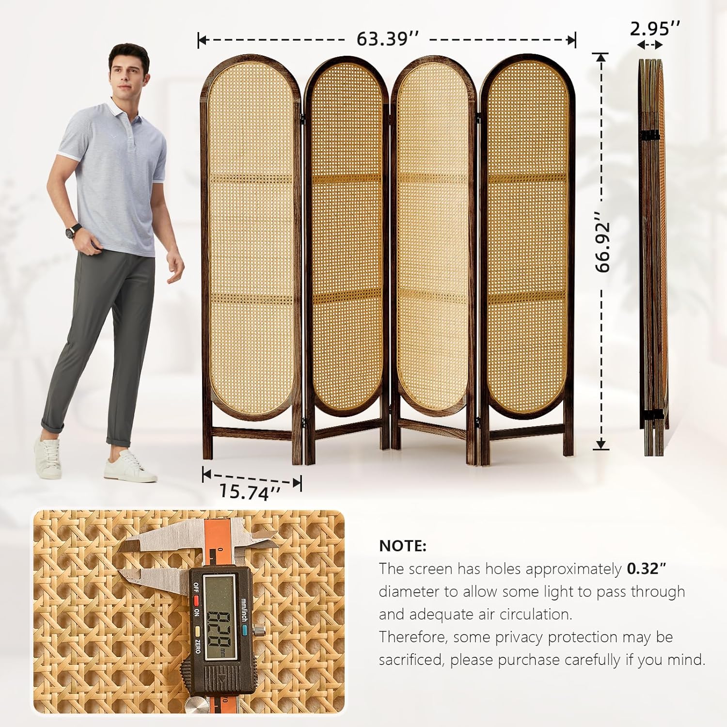 5.6 Ft Room Divider 4 Panel, Folding Privacy Screen, Rattan Room Divider, Foldable Wood Divider Panel, Portable Partition Screen, Wall Divider for Room Separation Home Office Garden-Brown