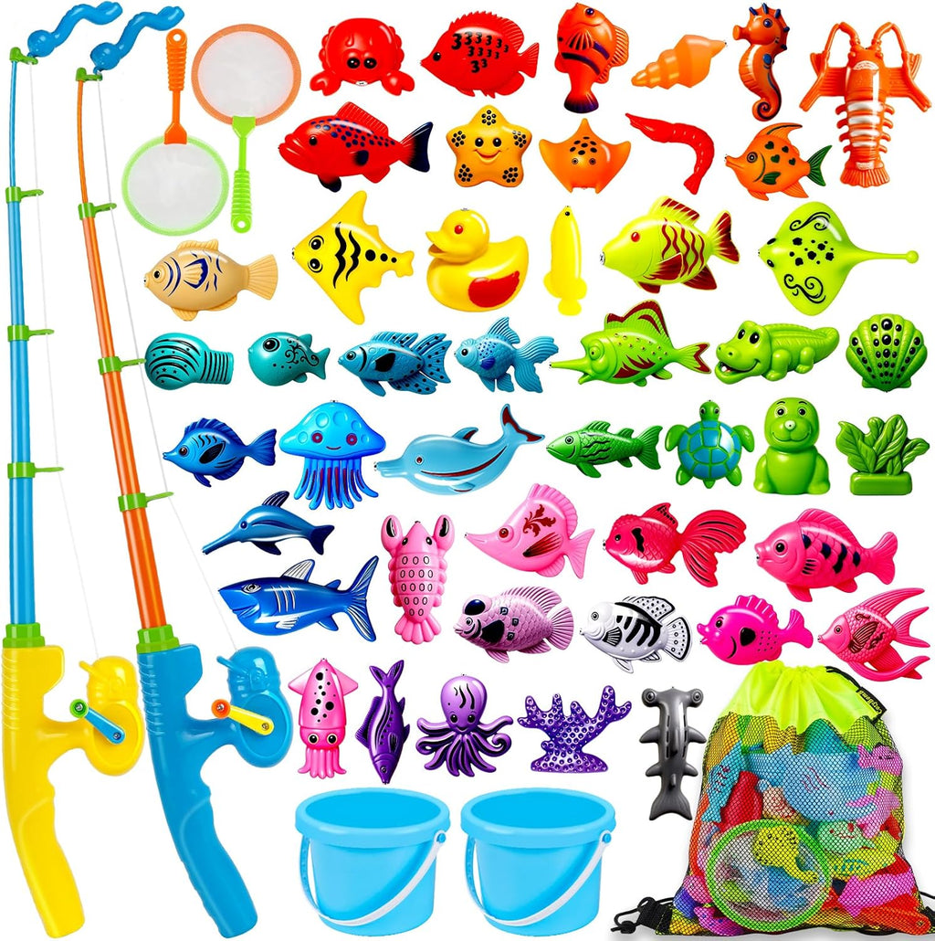 CozyBomB™ Magnetic Fishing Toys Game Set for Kids | Water Table Bathtub Kiddie Pool Party Pole Rod Net, Outdoor Plastic Floating Fish, Toddler Bath Color Ocean Sea Animals Birthday Gift Age 3-5 6 4-8
