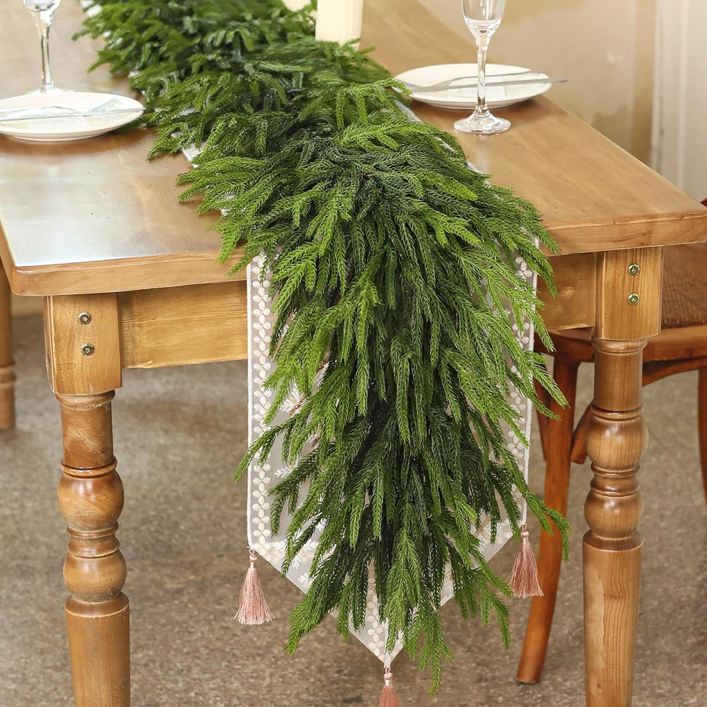 5FT Real Touch Norfolk Pine Garland - Artificial Christmas Garland Fake Green Faux Pine Needles Garland for Table Fireplace Mantle Holiday Home Indoor Outdoor Decor (2PCS)