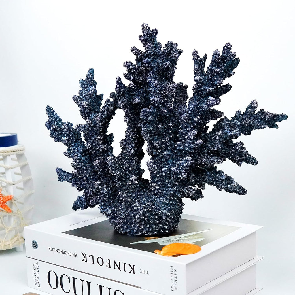 Coral Reef Beach Decor,11'' High x 13.5'' Width Artificial Resin Coral Reef Statue for Ocean Coastal Beach Nautical Themed Room Bathroom Decor for Home,1007B,Blue