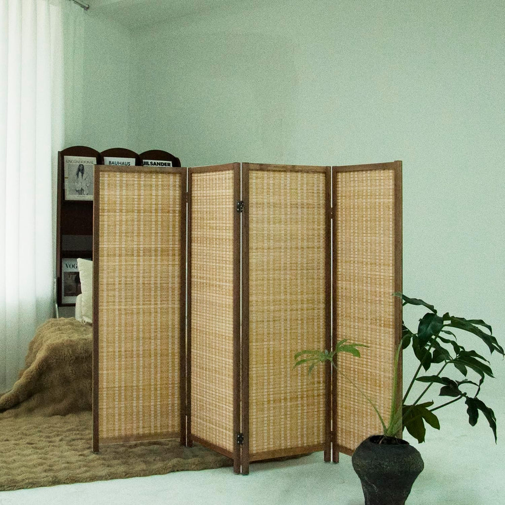 4 Panel Short Room Divider Folding Screen,47 inch Bamboo Panel Divider for Home Partition,Brown