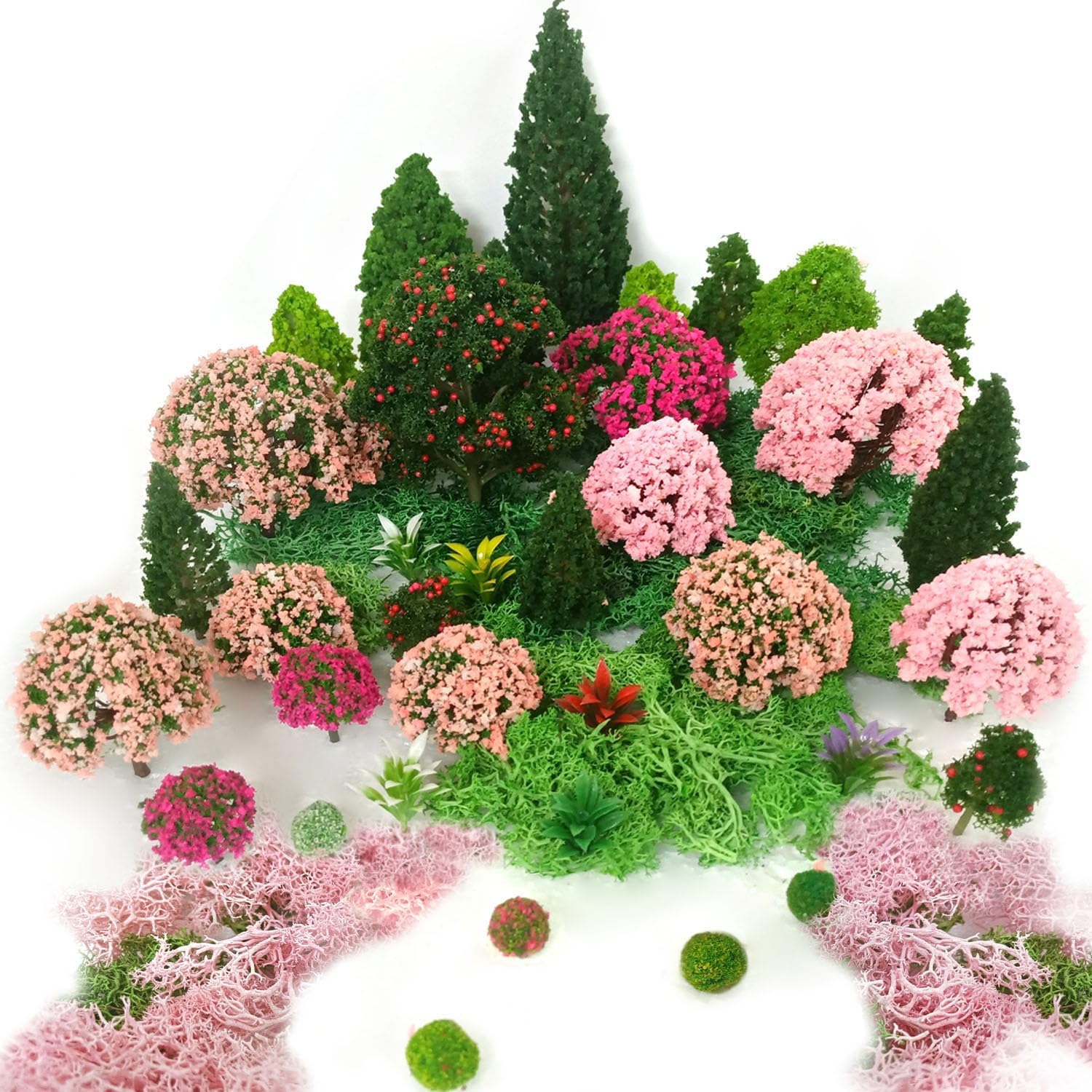 Mixed Model Trees, Model Train Scenery, 37Pcs, Miniature Trees with Moss for Building Model, Natural Green Landscape, Railroad Scenery