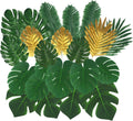112 Pieces 10 Kinds Artificial Palm Leaves Golden Tropical Leaves with Stems Jungle Leaves Decorations for Hawaiian Luau Party Beach Baby Shower Wedding Birthday