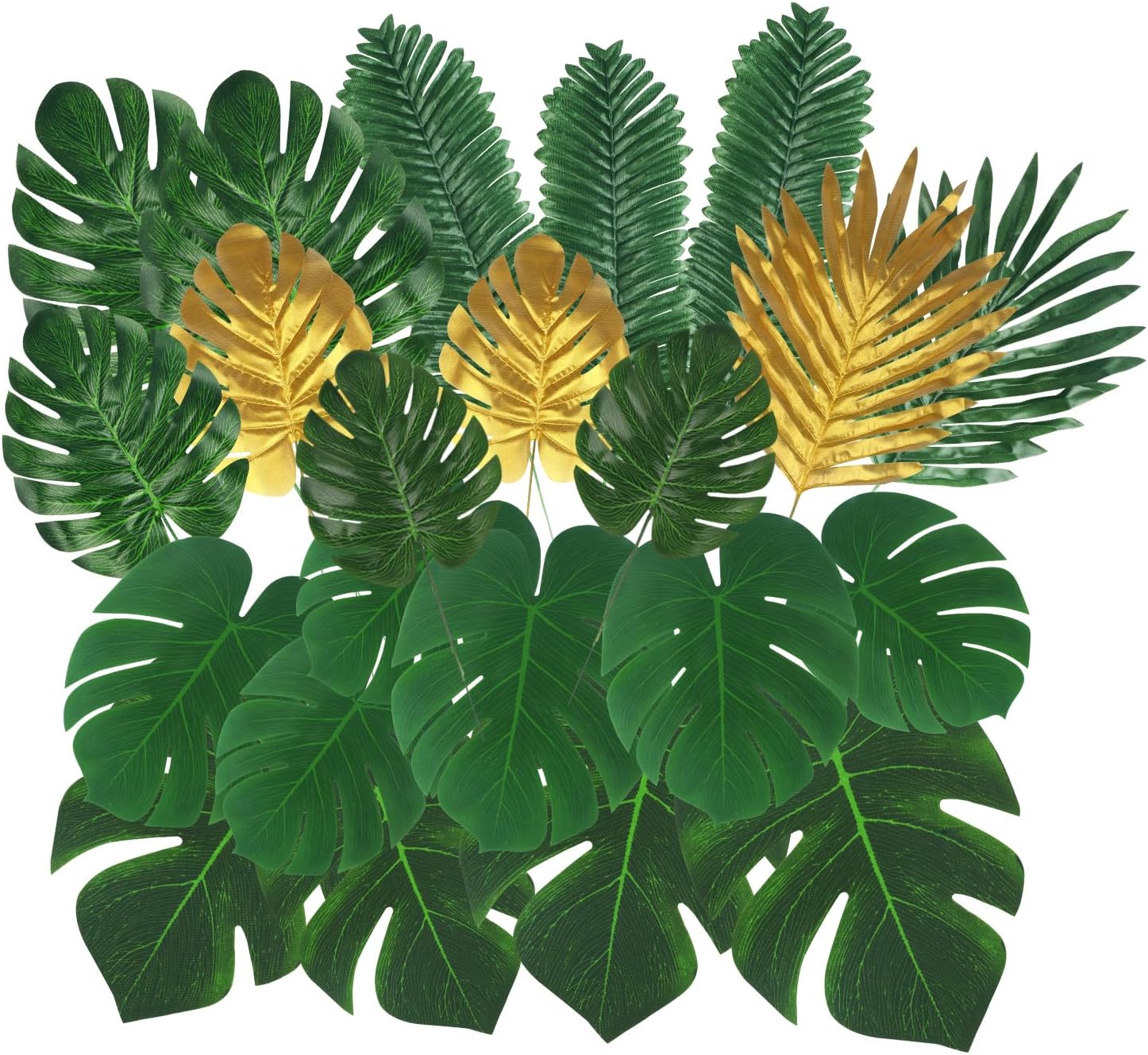 112 Pieces 10 Kinds Artificial Palm Leaves Golden Tropical Leaves with Stems Jungle Leaves Decorations for Hawaiian Luau Party Beach Baby Shower Wedding Birthday