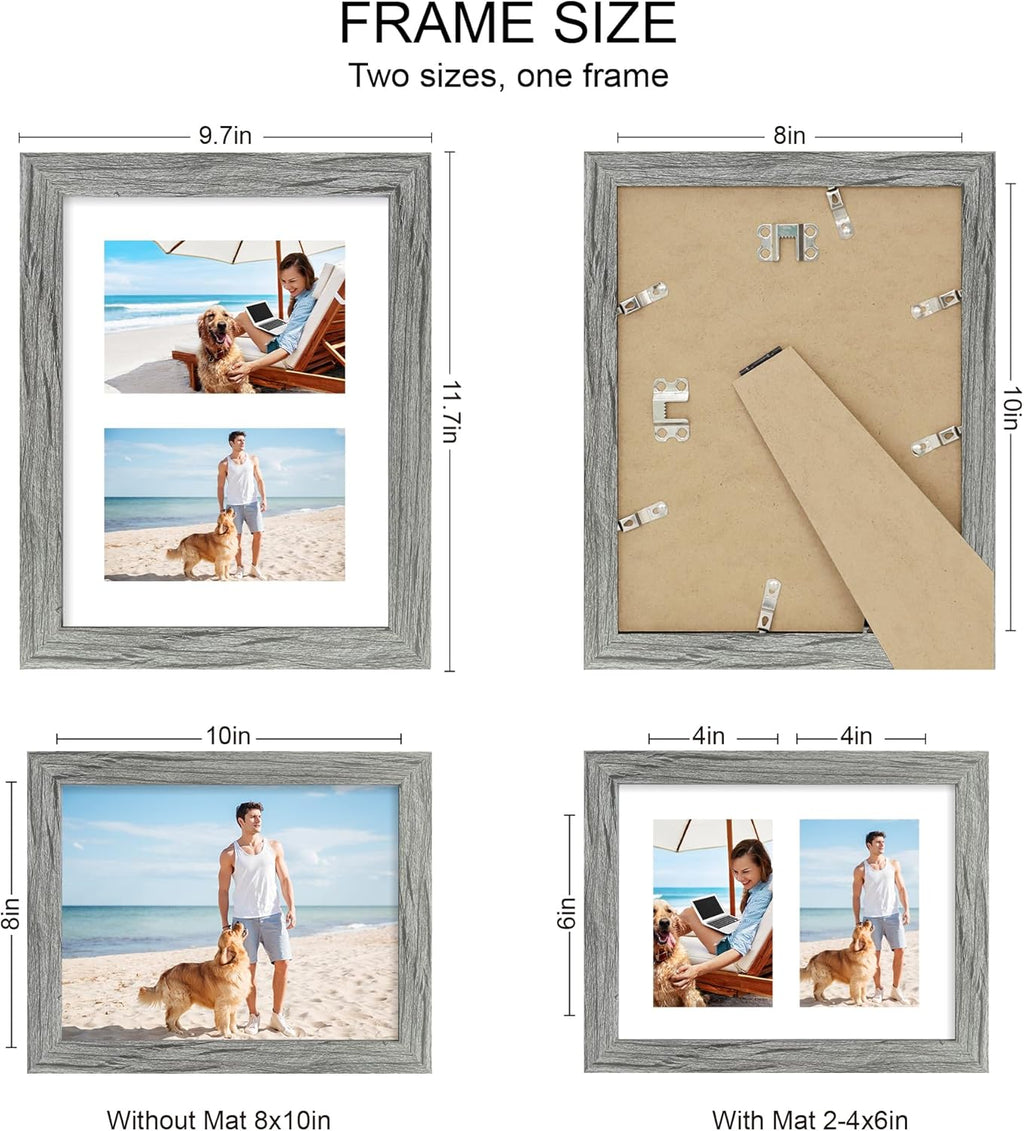 8x10 Picture Frame Set of 2, Grey Wood Frame with Glass Collage Frame, Display Pictures Two 4x6 With Mat or 8 x 10 Without Mat - Horizontal or Vertical Wall Mounting