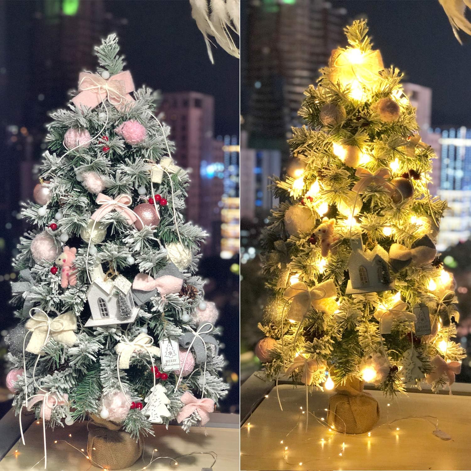 Pre-Lit Artificial Christmas Tree 3ft,Snow Flocked Xmas Pine Tree Decorated with 70 LED Lights,140 Branch Tips,7 Pine Cones,10 Red Berries Christmas Snow Tree for Desktop,Battery Powered