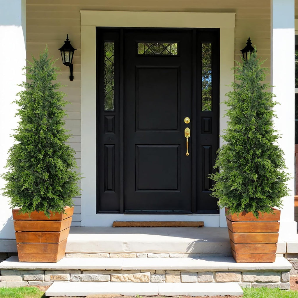 60" Artificial Cedar Topiary Tree One Set, 5FT SEVENLOVE Potted Cedar Tree Topiary Artificial Plant Shrub for Front Porch Home Office Decor (1, 5)