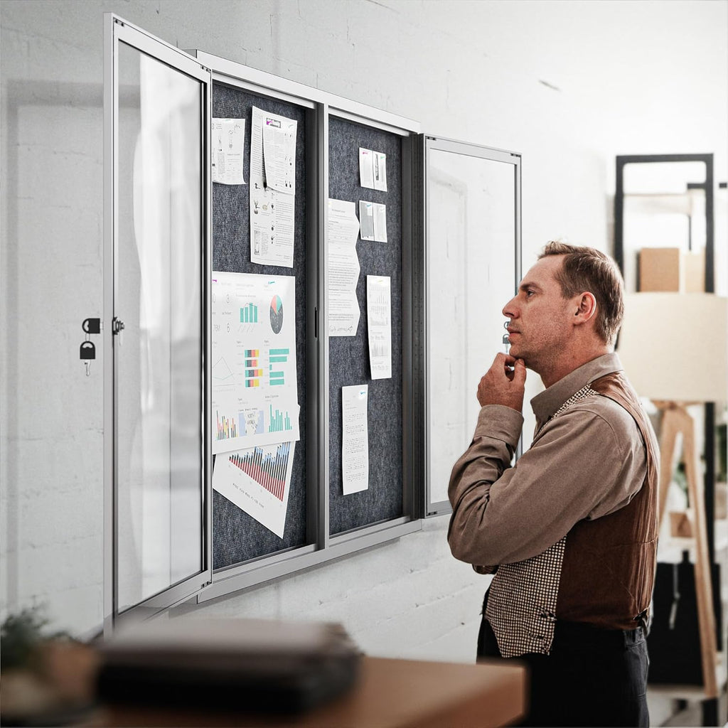 48"x36" Lockable Enclosed Bulletin Board, Outdoor Flet Weather-Resistant Aluminum Frame Notice Board, Wall Mounted Display Case Acrylic Doors for School,Office,Silver Frame w/Grey Flet