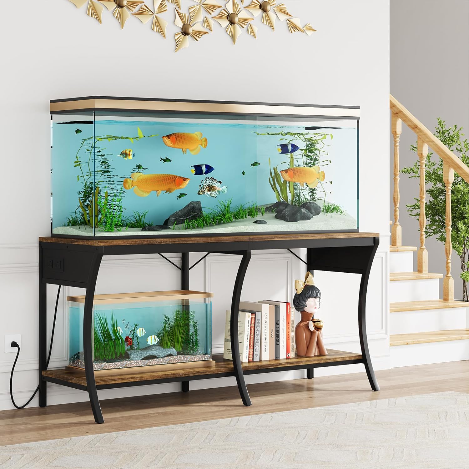 55-90 Gallon Fish Tank Stand with Power Outlets, 2-Tier Aquarium Stand with LED Light Strip & Open Storage Shelves, Heavy Duty Metal Table for Reptile Tank, 1150 LBS Capacity