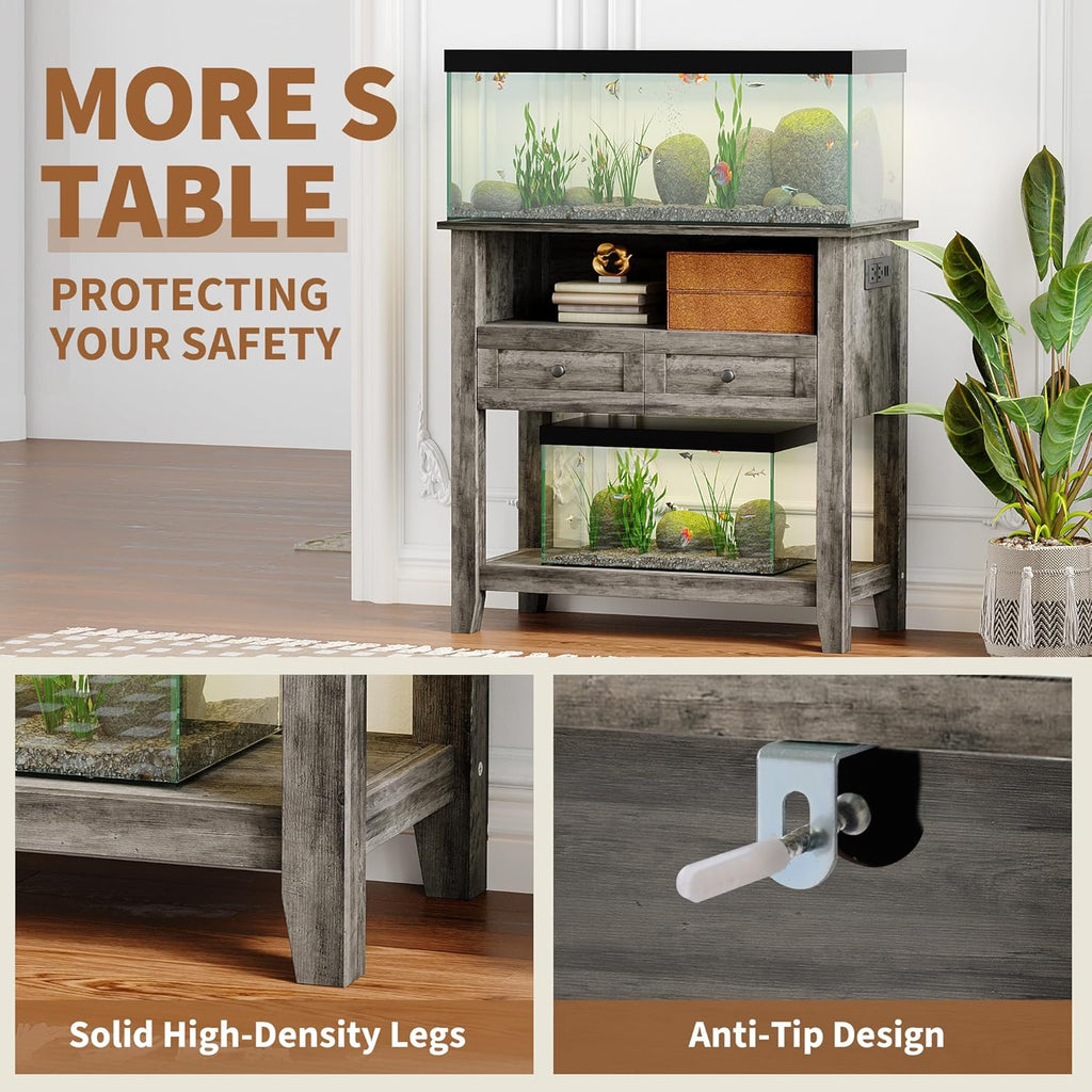 Garvee 20-29 Gallon Aquarium Stand with Charging Station, 660LBS Heavy Duty Fish Tank Stand with Drawers & Open Storage for Reptile Turtle Tank