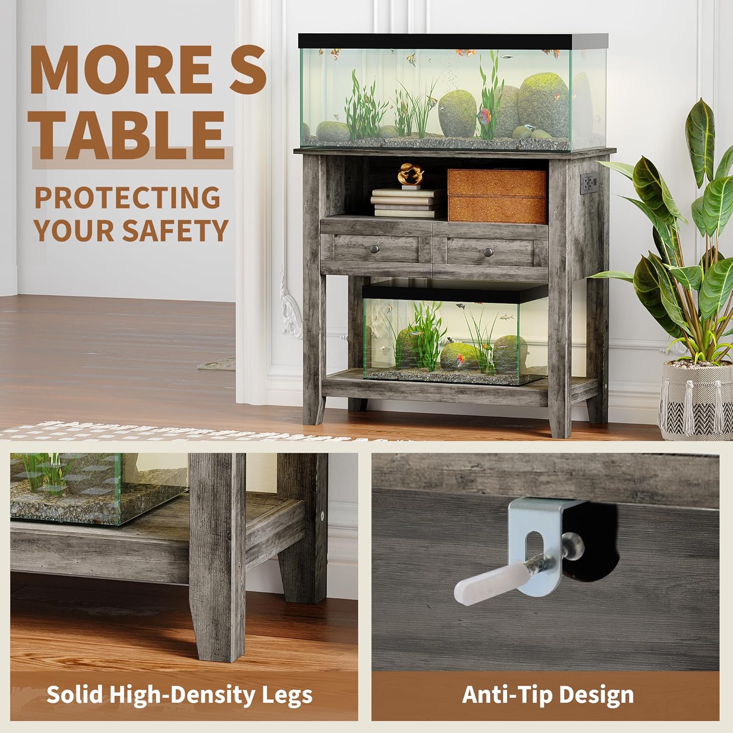 Garvee 20-29 Gallon Aquarium Stand with Charging Station, 660LBS Heavy Duty Fish Tank Stand with Drawers & Open Storage for Reptile Turtle Tank