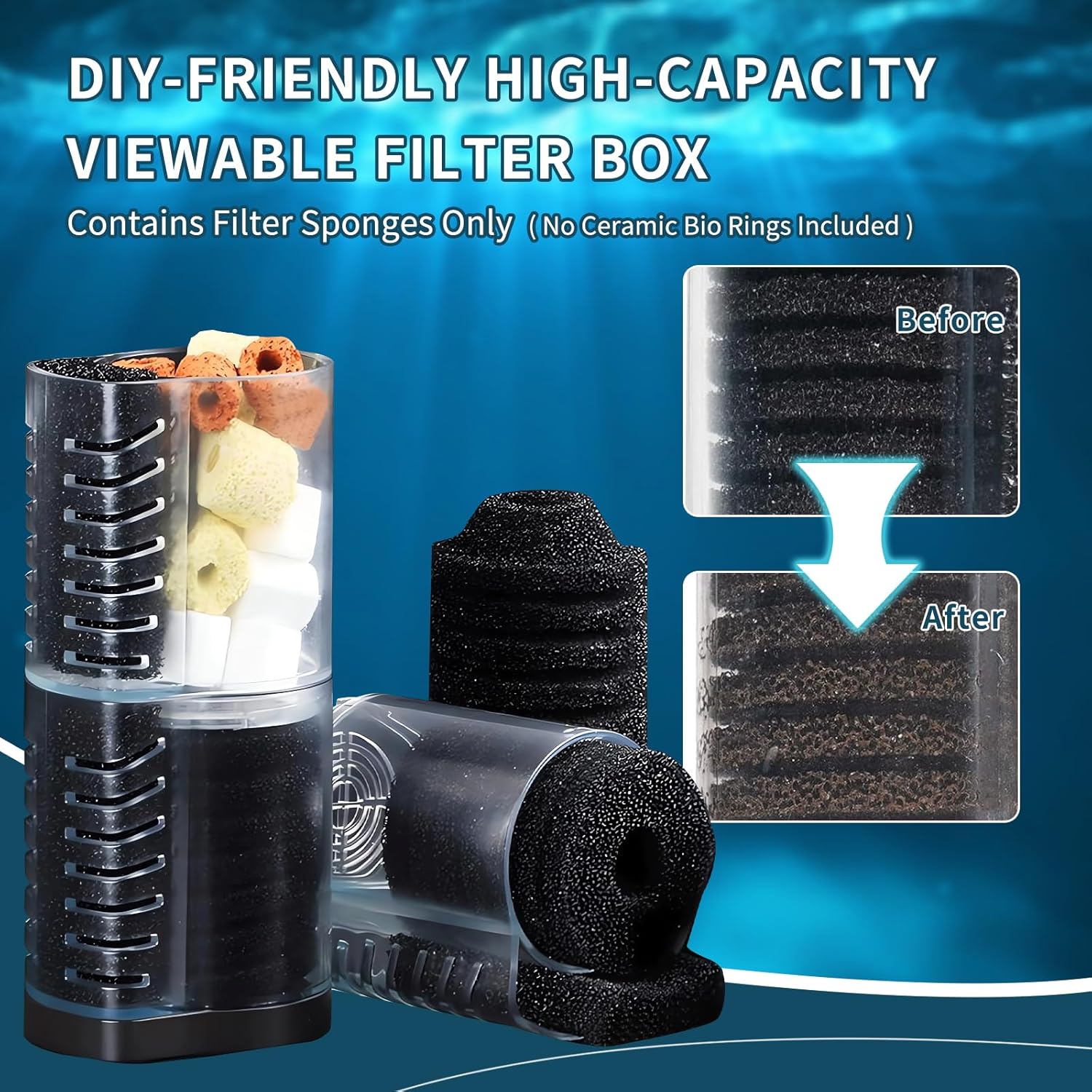 TARARIUM Aquarium Filter 400GPH for 55-200 Gallon Fish Tank, Biochemical Quiet Submersible Internal Powerful Pump Air Supply, Wave Maker 4 in 1, Small Ponds, Saltwater & Freshwater Crystal Clear