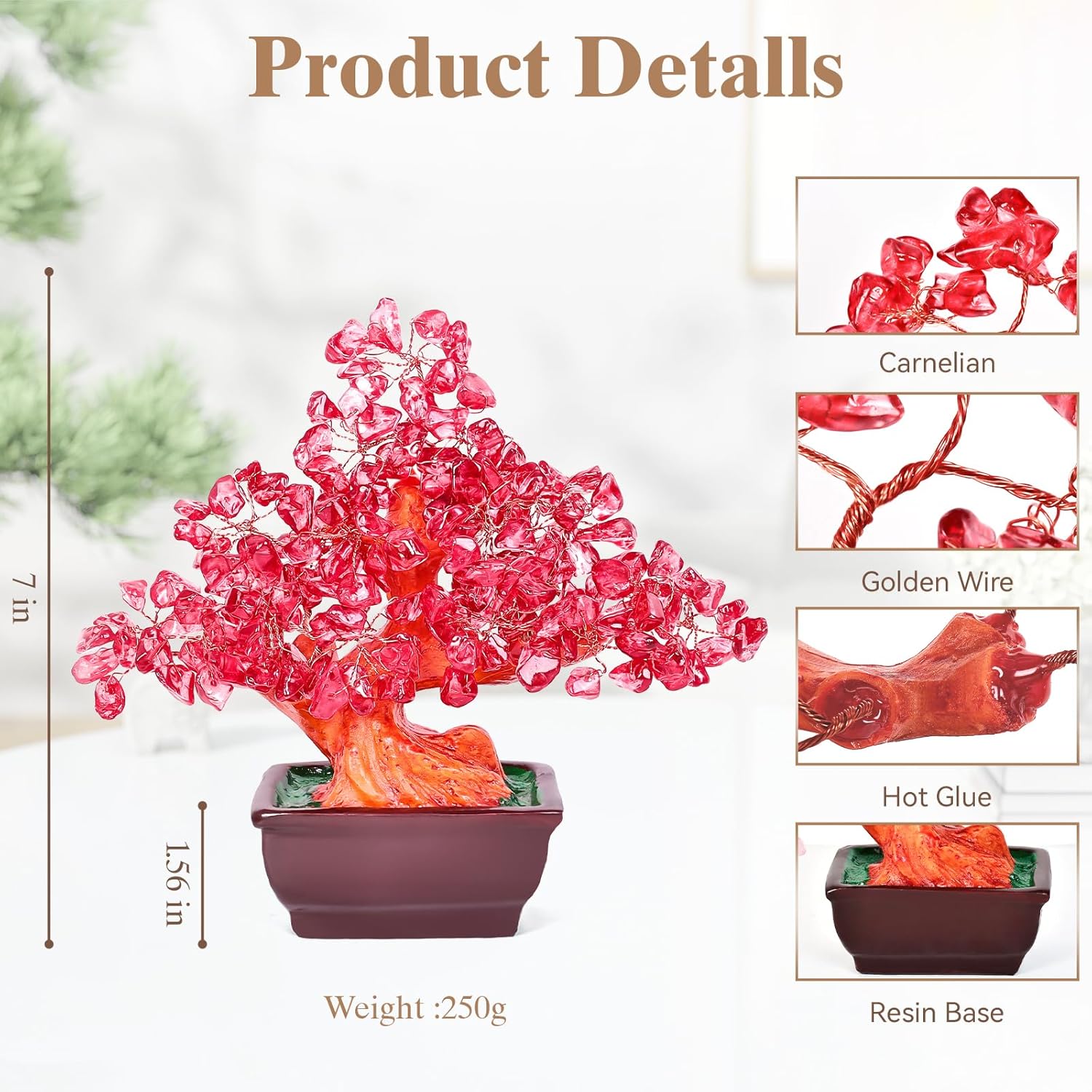 Feng Shui Quartz Crystal Money Tree Bonsai Style Decoration for Luck and Wealth (Red)