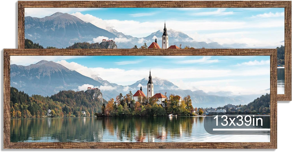 13x39 Puzzle Frame 2 Packs, Real Glass and Rustic Brown Wood Frame, Display Panoramic 13 x 39 Picture Frames - Horizontal or Vertical Wall Mounting