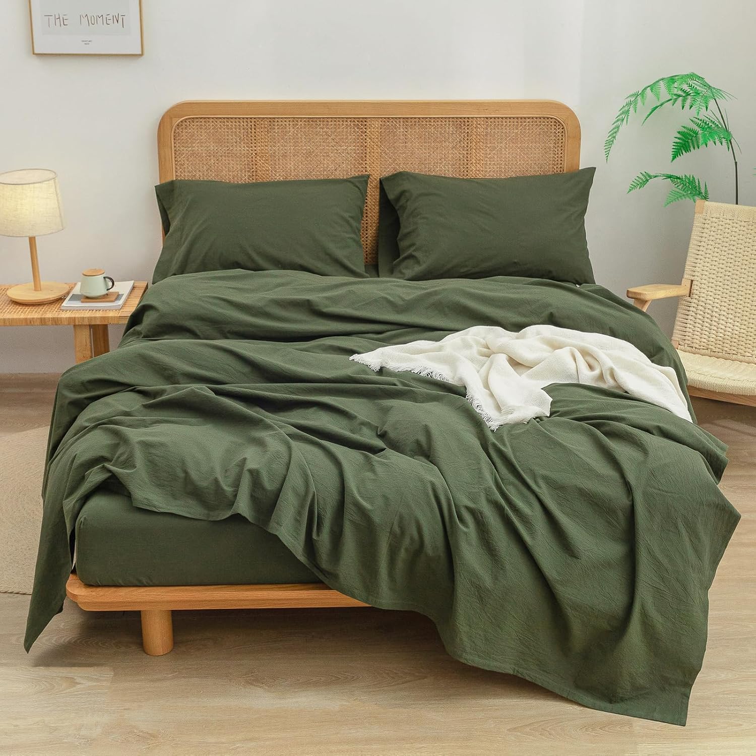 BESTOUCH Sheet Set 100% Washed Cotton Linen Feel Super Soft Comfortable Chic Lightweight 4 Pcs Home Bedding Set Solid Olive Green King