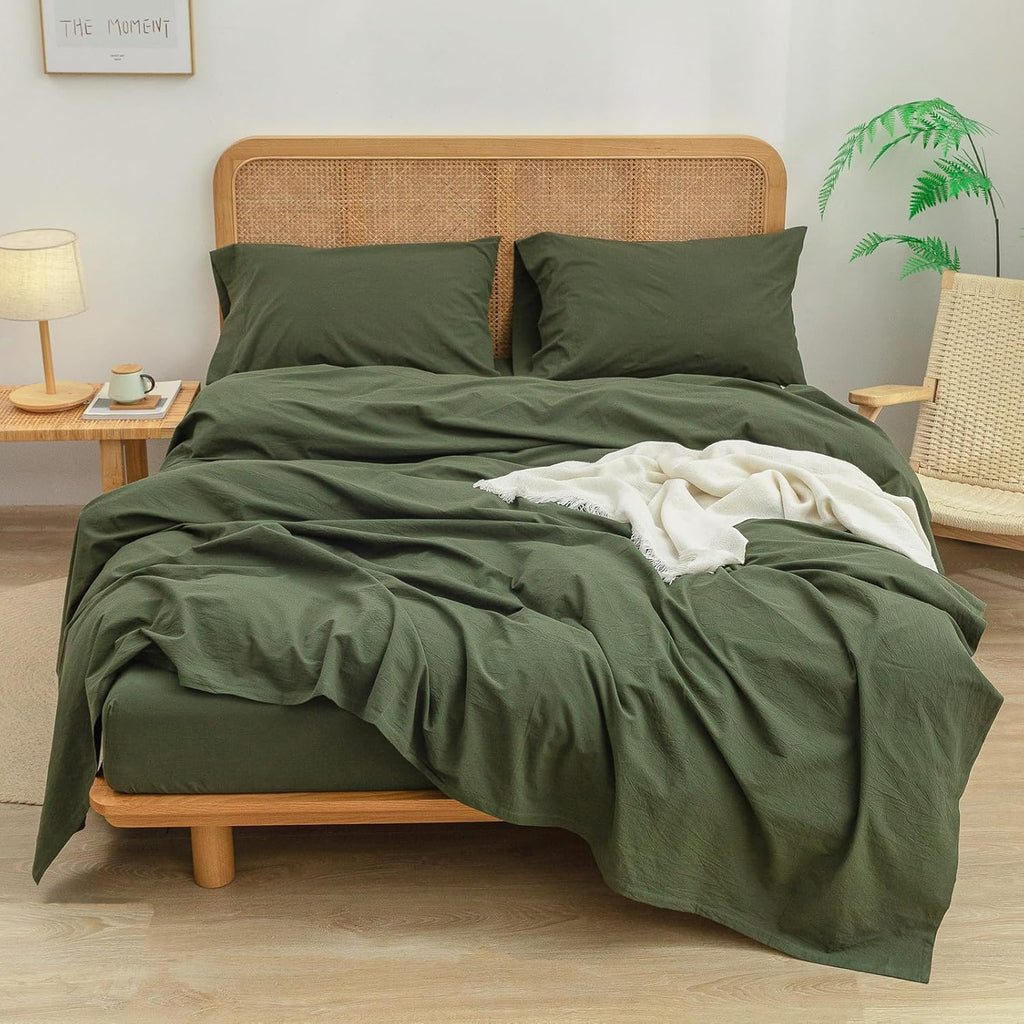 BESTOUCH Sheet Set 100% Washed Cotton Linen Feel Super Soft Comfortable Chic Lightweight 4 Pcs Home Bedding Set Solid Olive Green Full