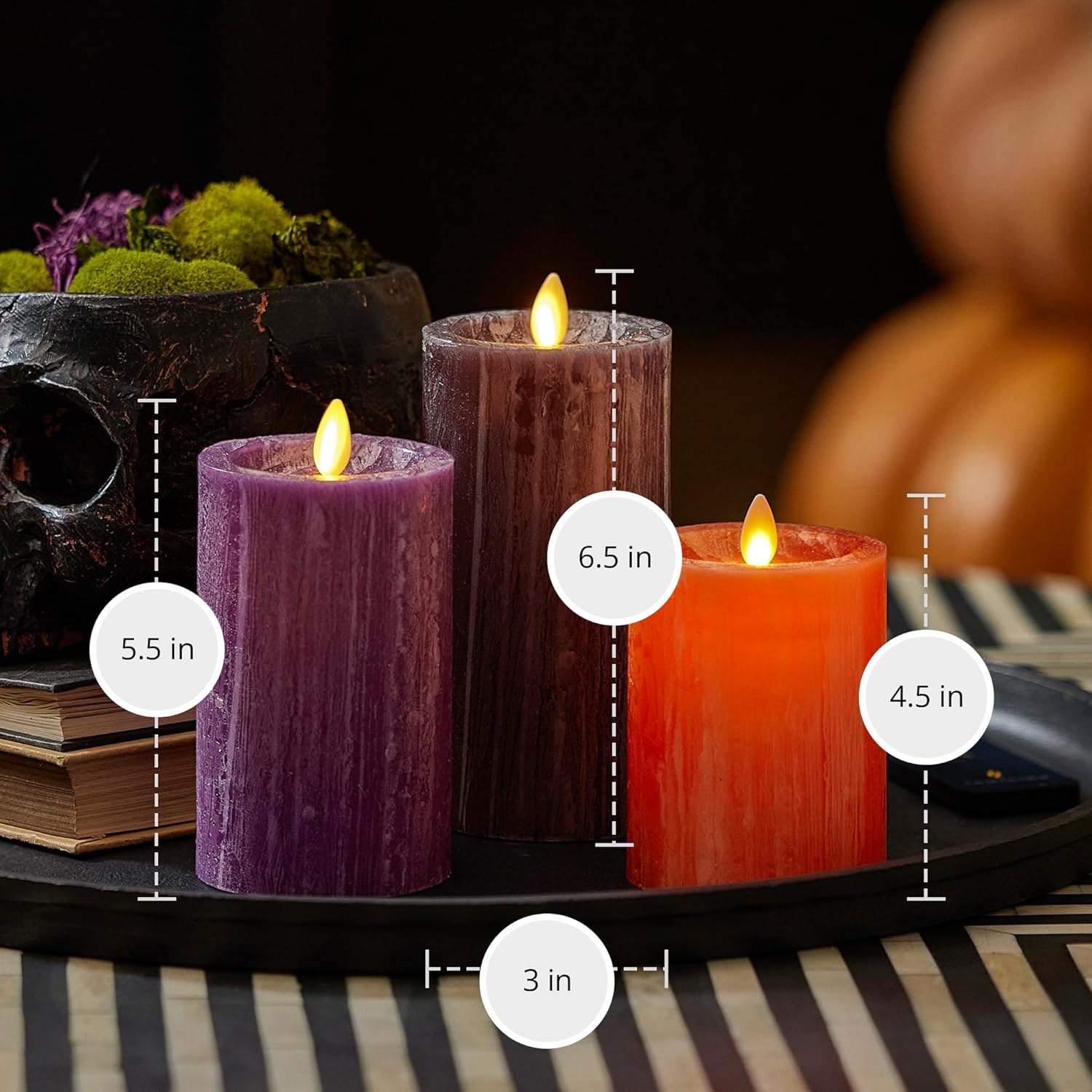 Luminara Realistic Flameless LED Candle Multi-Color Set of 3, Battery Operated with Remote Control, Moving Flame Pillar Timer Funtion Melted Top Safe