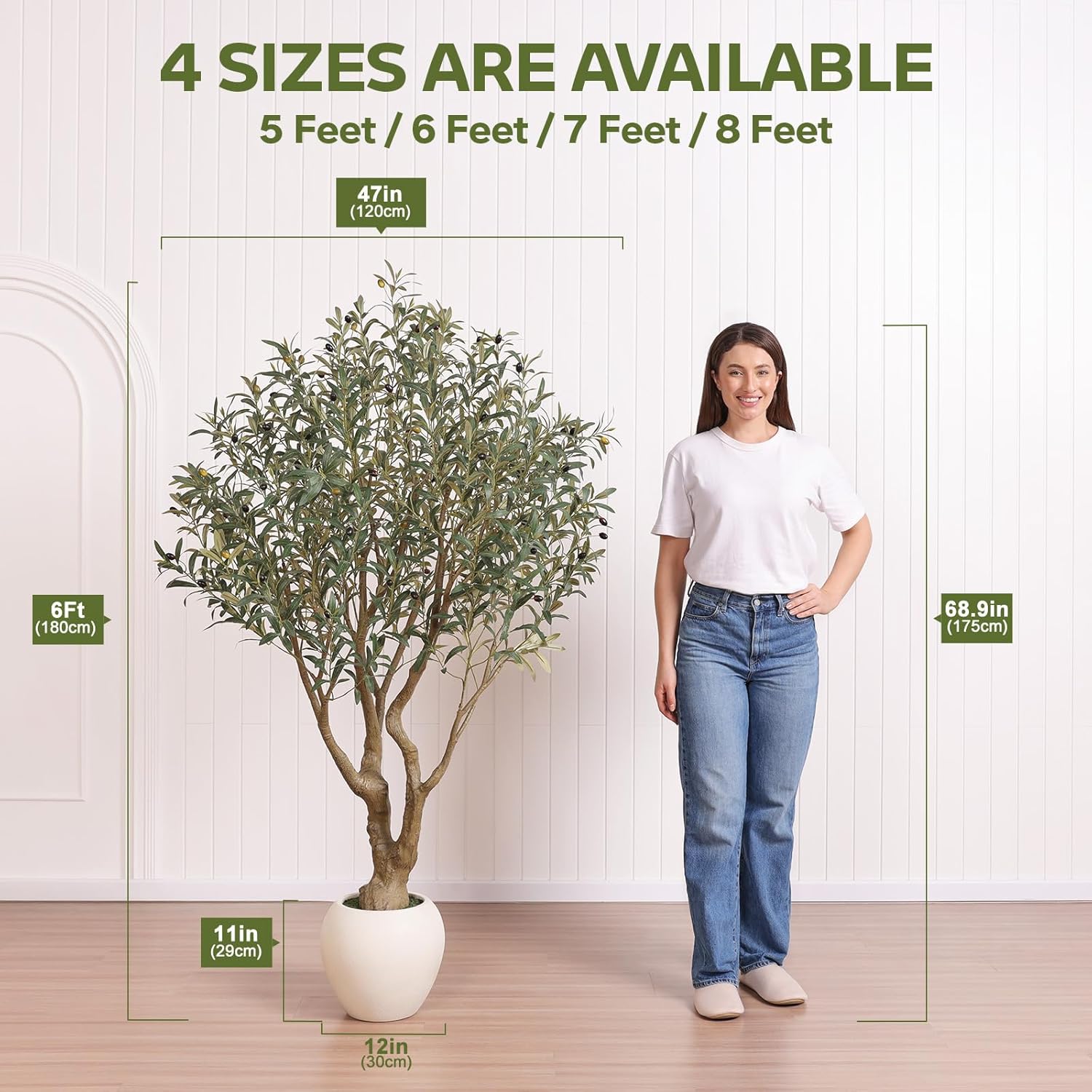 Artificial Olive Tree 6FT Faux Plant Home Decor - Large White Pot with Lifelike Silk Leaves, UV Resistant & No Maintenance - Indoor Outdoor Fake Tree for Modern Office Living Room,VN164