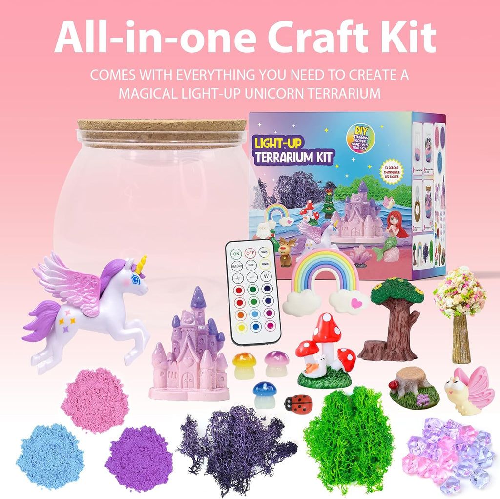 Unicorn Terrarium Crafts Kit for Kids-LED Night Light Up & Remote Unicorn Birthday Gifts Toys for Girls Ages5 6 7 8 9 10 Year Old-Christmas Gifts for Girls