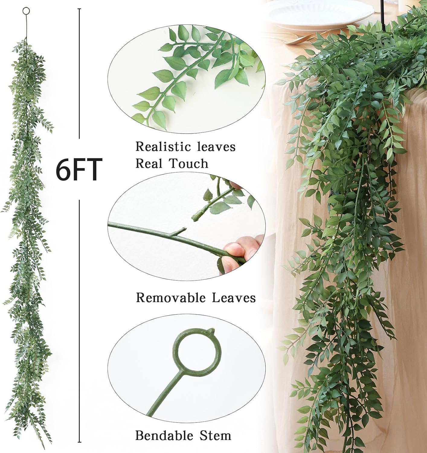 Mizii Artificial Vines Garland 6 Feet Fake Vine with Green Leaves Realistic Greenery Garland Faux Hanging Plants Greenery Decorations for Wedding Table Centerpieces Fireplace Mantle Room Decor