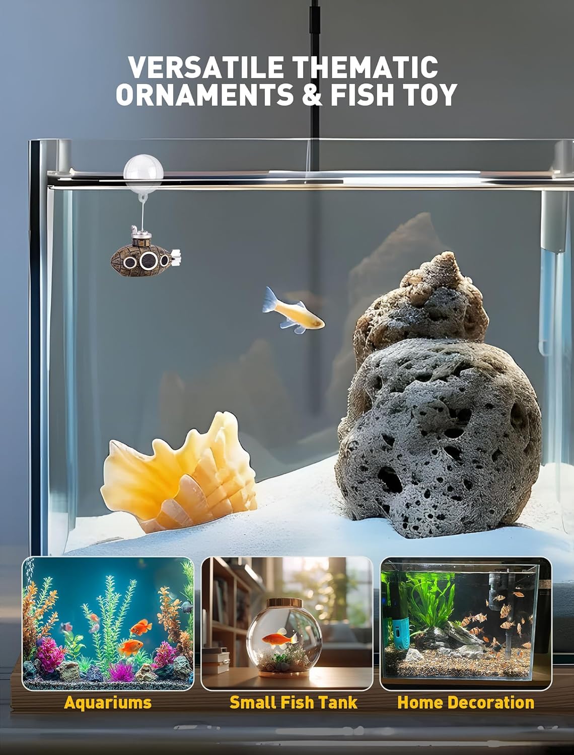 2.1 in Mini Floating Submarine Fish Tank Decoration, Safe Resin Aquarium Decoration for Betta Toys, Cichlid, Goldfish, Shrimps and Hermit Crabs, Cute Retro Underwater Fish Tank Accessories
