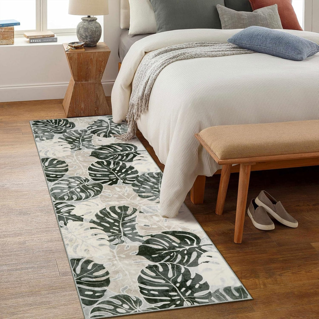 Wonnitar 2x6 Bathroom Rug Runner, Washable Leaf Runner Rugs for Hallway, Non-Slip Tropical Plant Long Carpet Monstera Low Pile Accent Mats for Bedside Kitchen Entrance Closet, Dark Jungle Green