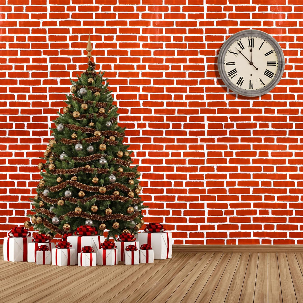 Chuangdi 8 Pcs 4.5 x 9 Feet Brick Wall Backdrop Tablecloth Christmas Stone Wallpaper Removable Wall Scene Setter Background for Medieval Castle Winter Holiday Party Decoration(Red Brick)