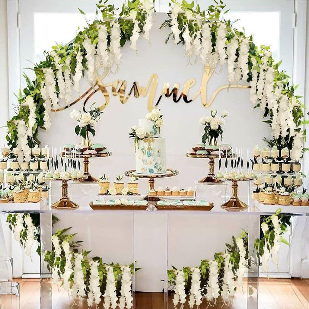 Wisteria Artificial Flowers Garland, 4Pcs 7.2Ft/Piece Silk Fake Wisteria Vine Kit, Hanging Flower for House Outdoor Garden Ceremony Outside Wedding Arch Floral Decor (4, White)