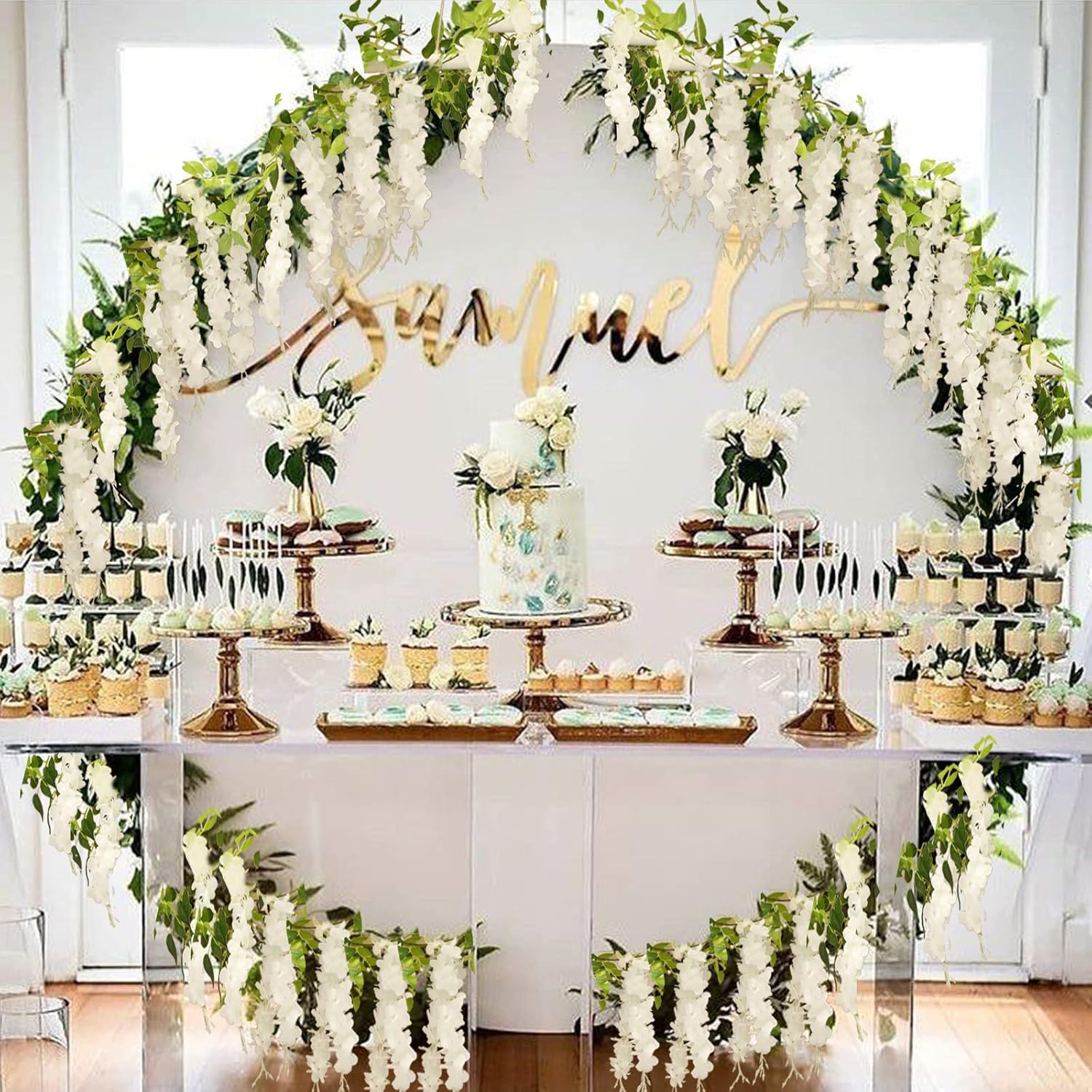 Wisteria Artificial Flowers Garland, 4Pcs 7.2Ft/Piece Silk Fake Wisteria Vine Kit, Hanging Flower for House Outdoor Garden Ceremony Outside Wedding Arch Floral Decor (4, White)