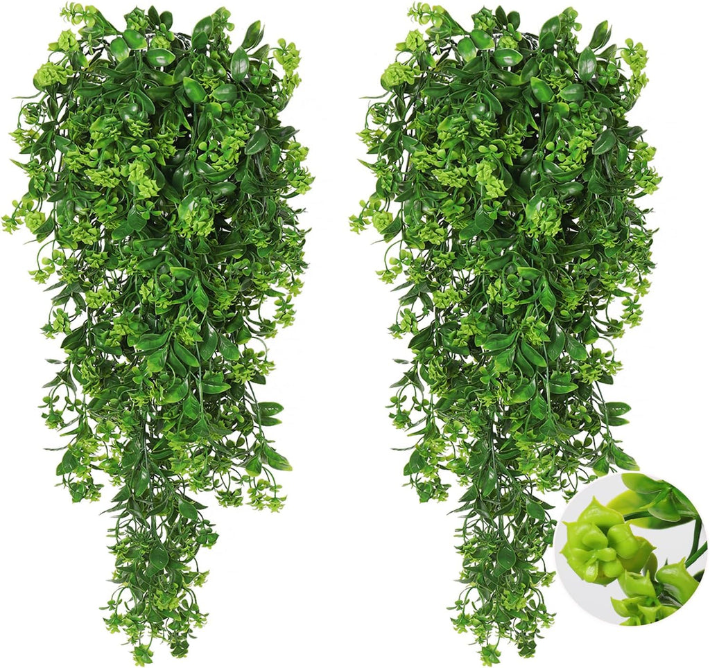 RECUTMS Fake Hanging Plants 2Pcs Outdoor Greenery Artificial Hanging Flower for Outdoors Hanging Basket Artificial Hanging Plants Plastic Home Garden Wedding Party Shelf Aesthetic Decorations(Green)