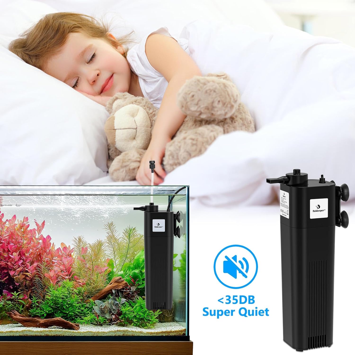 fishkeeper Aquarium Filter U-V for 30-100 Gallon, 172 GPH Fish Tank Filter for Green Water and Algae Clean, Ultra Silent Submersible Pump Filter with Adjustable Bubble Output for Deodorization Killing