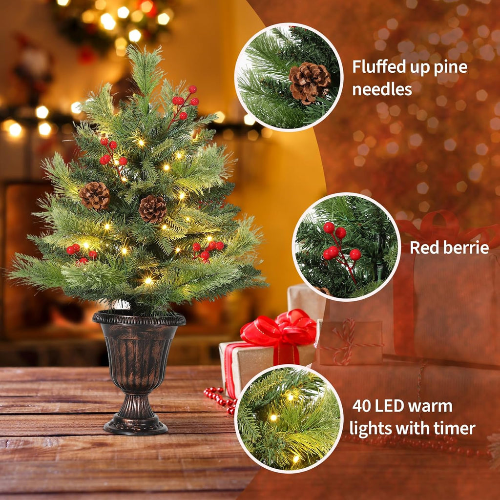Garvee 2 Ft Pre-Lit Tabletop Christmas Tree, Small Christmas Tree, Artificial Mini Xmas Tree with Pine Cones & Red Berries for Home Office Holiday Decor