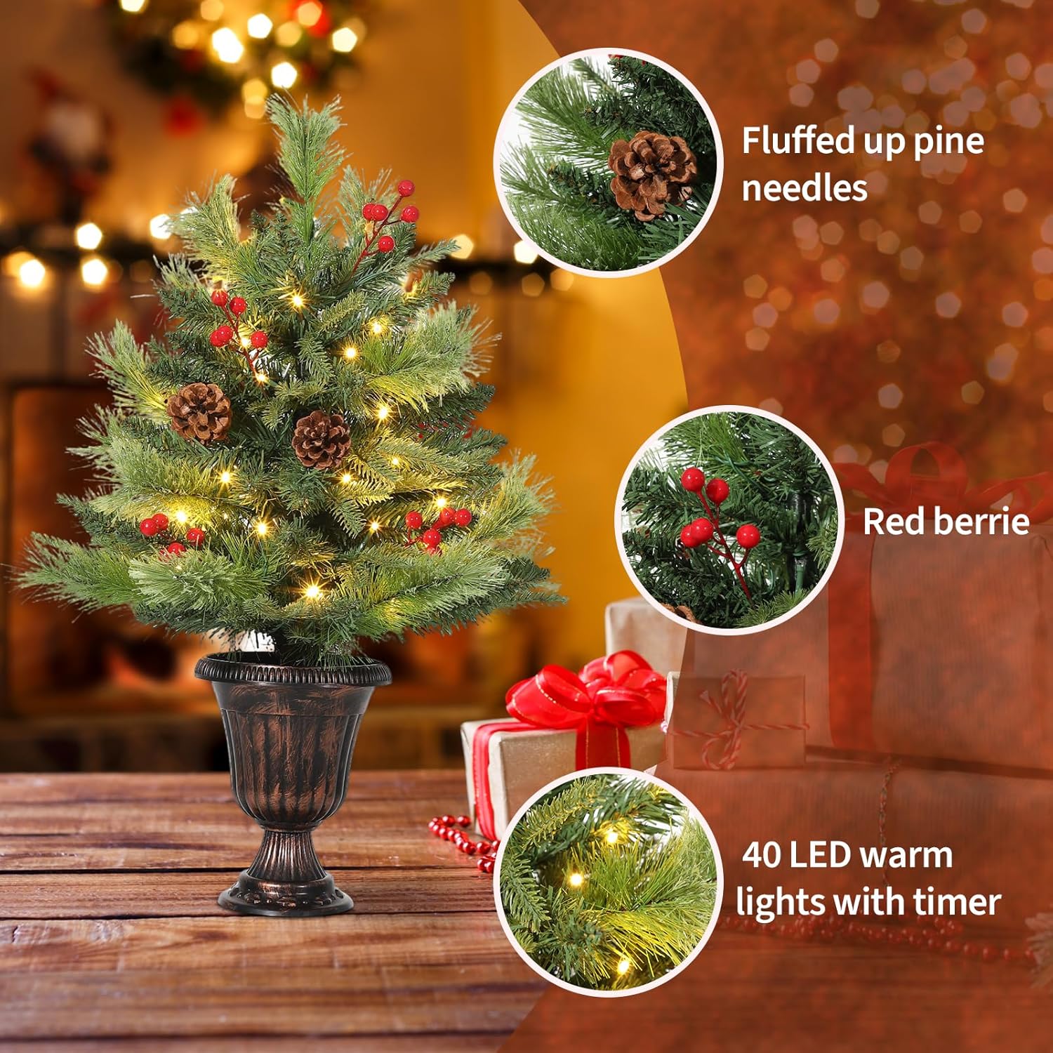 Garvee 2 Ft Pre-Lit Tabletop Christmas Tree, Small Christmas Tree, Artificial Mini Xmas Tree with Pine Cones & Red Berries for Home Office Holiday Decor