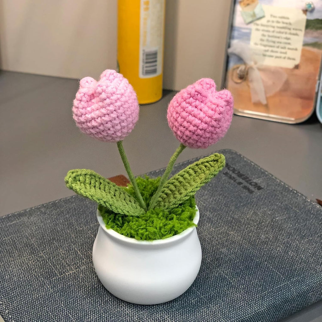Crochet Flowers Cute Little Potted Flower, Gift for Birthday, Teacher’s Day, Graduation, Anniversary, Christmas, Decor for Car Dashboard,Home Office Decoration (Pink Gradient Tulips)