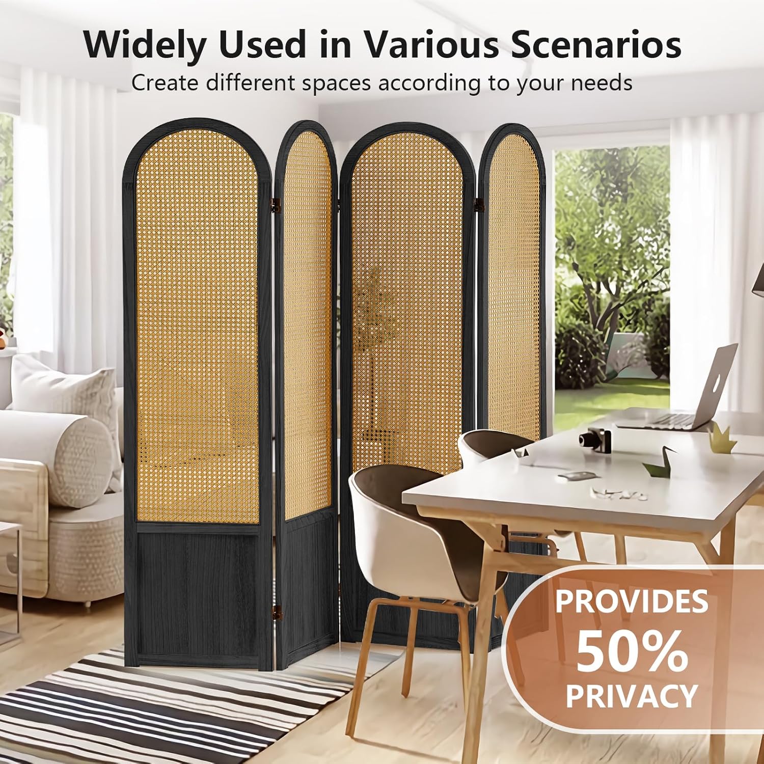 Room Divider 4 Panels, Folding Privacy Screen, Foldable Wood Rattan Room Divider Panel, Portable Partition Screen, Wall Divider for Room Separation Bedroom Home Office Garden Terrace (Black)