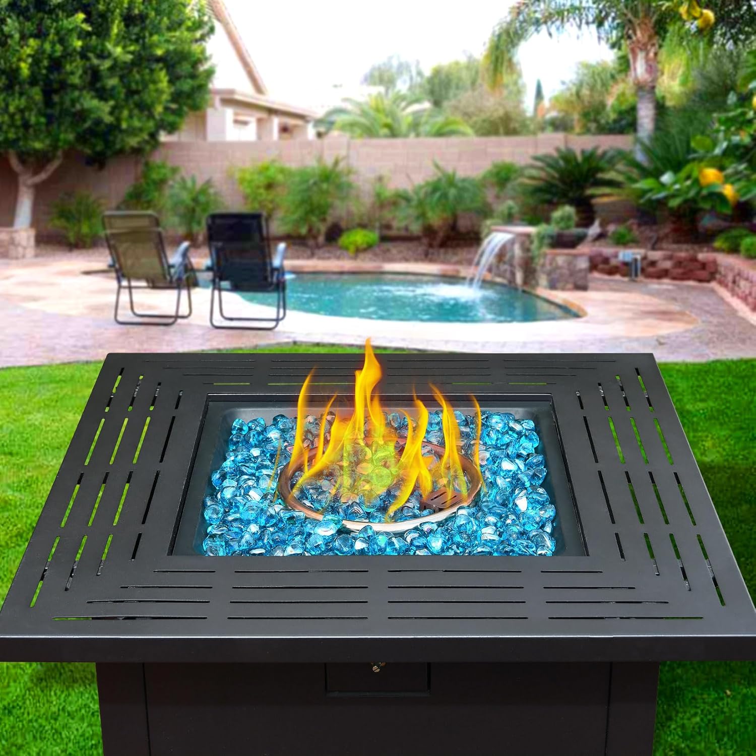Caribbean Blue Firepit Glass Rocks 20 Pounds, 1 Inch Diamond Fire Stones for Propane Fire Pit, Fireplace and Outdoor Decorative, High Luster Glass Beads